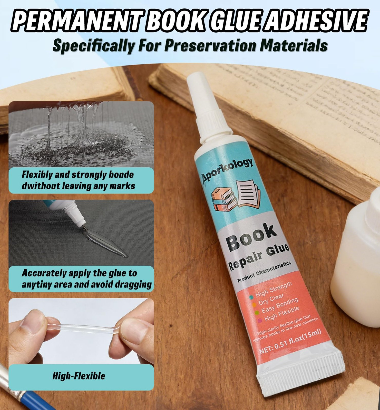 Aporkology Book Binding Repair Glue, Multi-Purpose Paper Craft 15ml*2, Clear