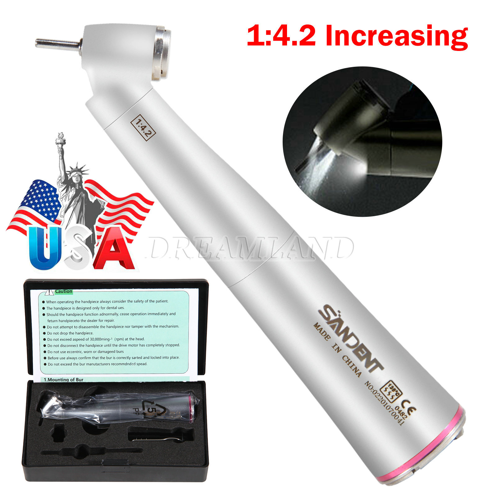 Dental 1:4.2 45° Contra Angle Surgical LED Fiber Optic Handpiece fit NSK Z45L CE