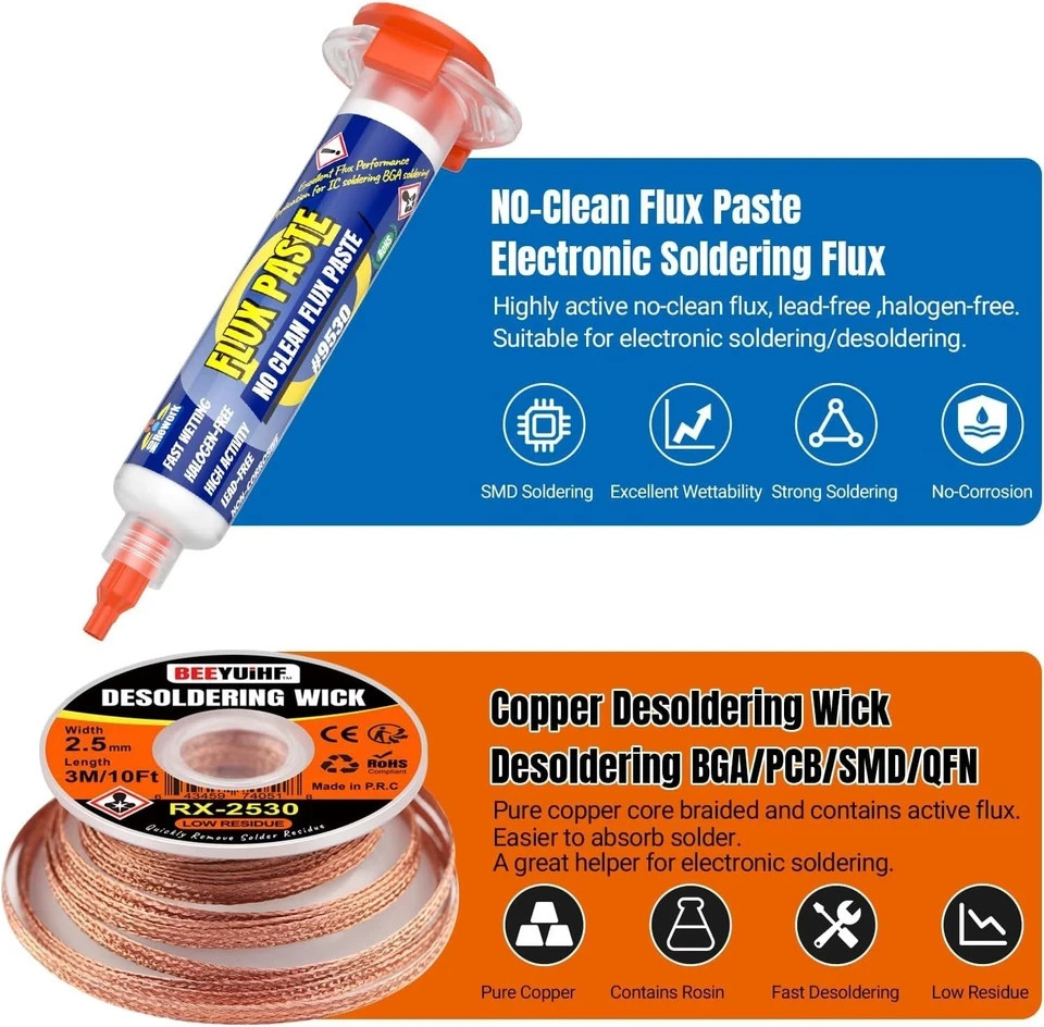 Electronics Soldering Flux Paste Desoldering Wick Kit for PCB Repairs