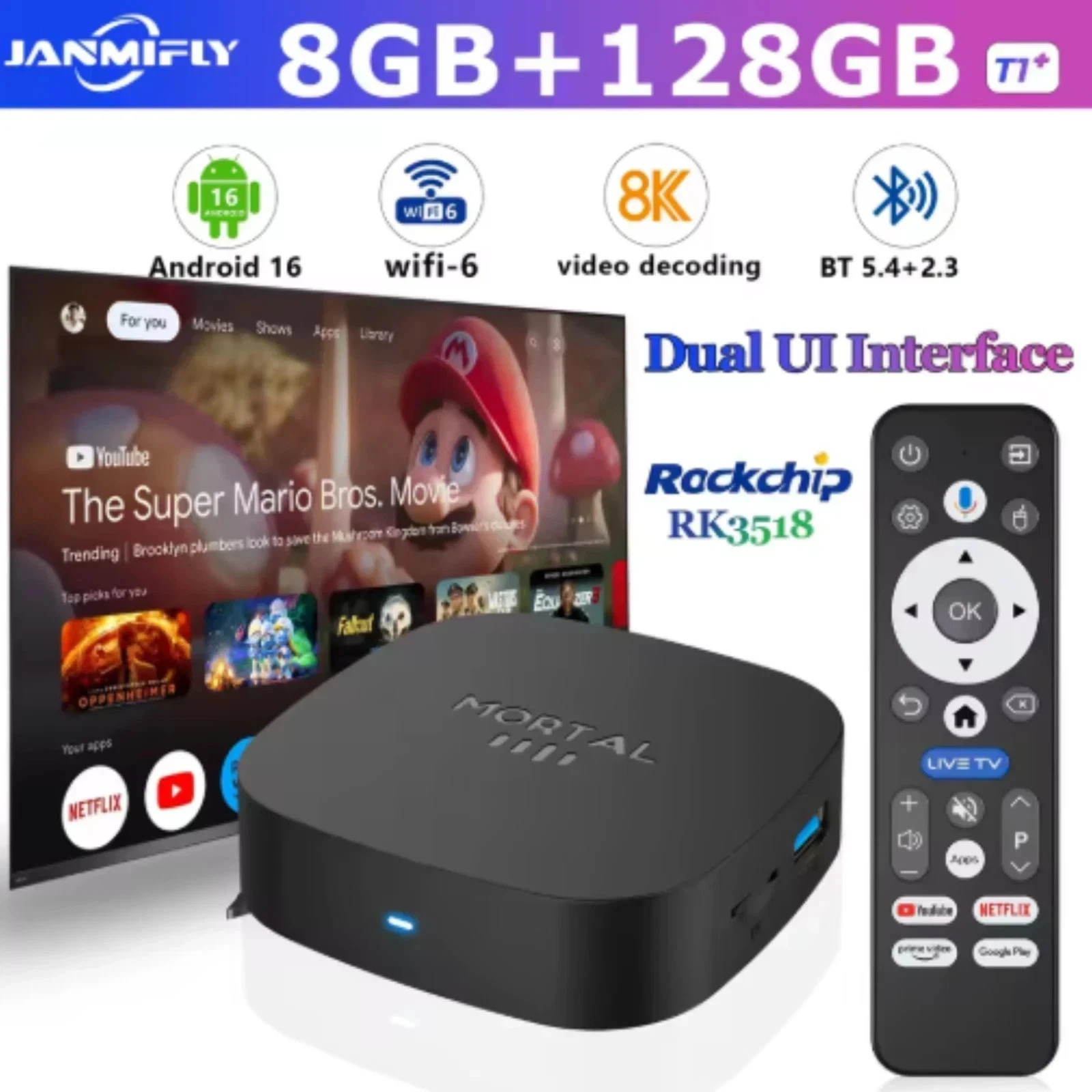 2025 New Android TV Box T1+ Rockchip RK3518 Android 16 8GB RAM 128GB ROM WiFi US