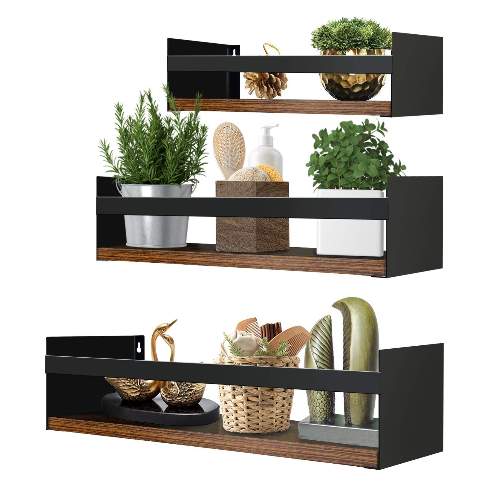 Black Floating Shelves for Wall Set of 3, Industrial Thick Wall Shelf Rack wi...