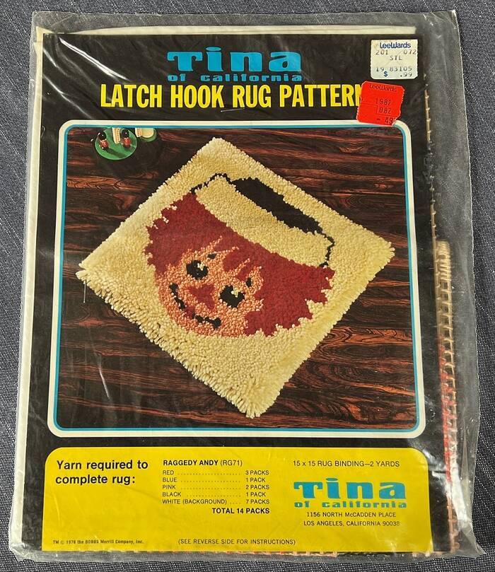 Vintage 1976 Tina of California Latch Hook Pattern Canvas RAGGEDY ANDY 15"x15"