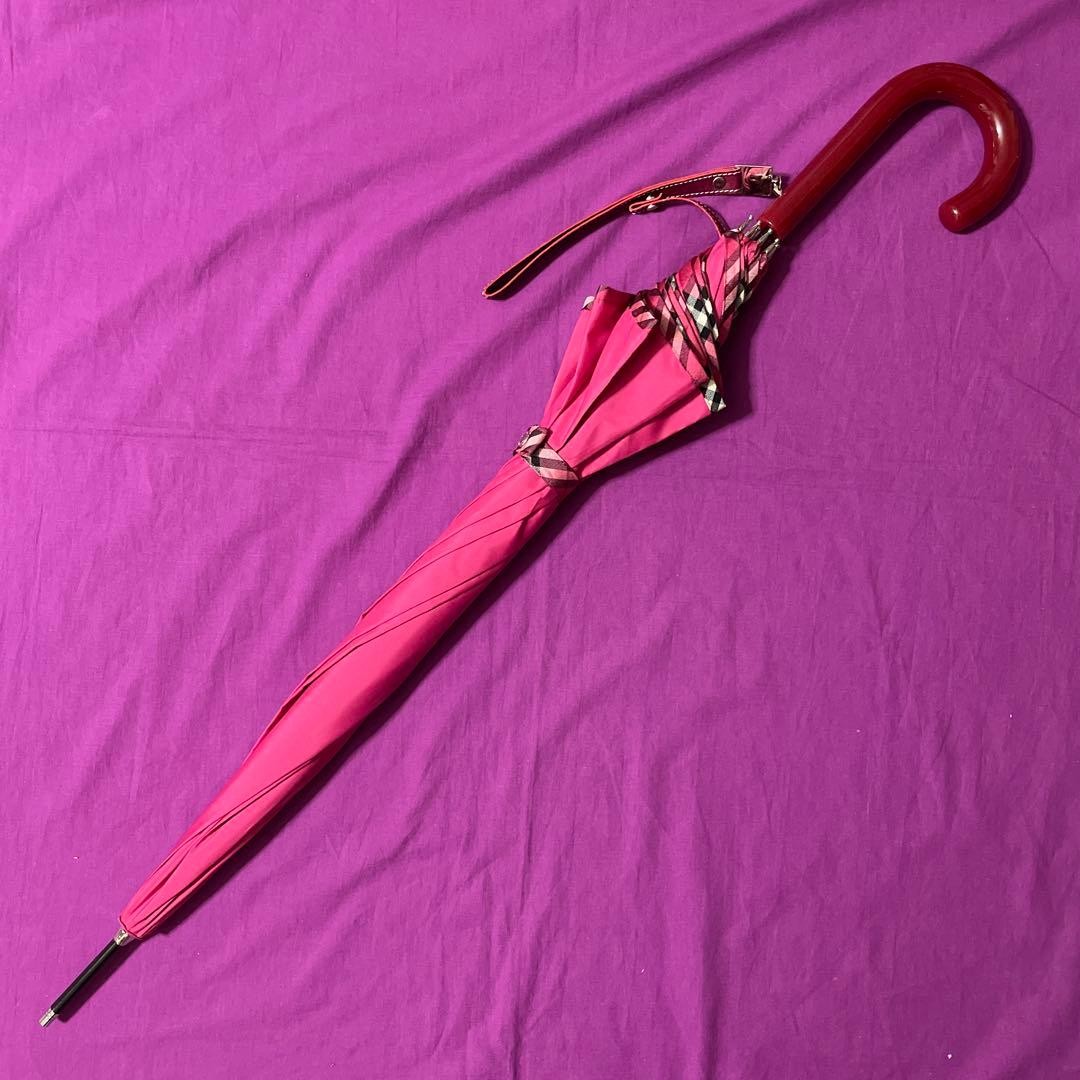 Burberry Long Pink Umbrella Classic Check Trim Ready to Use Authentic