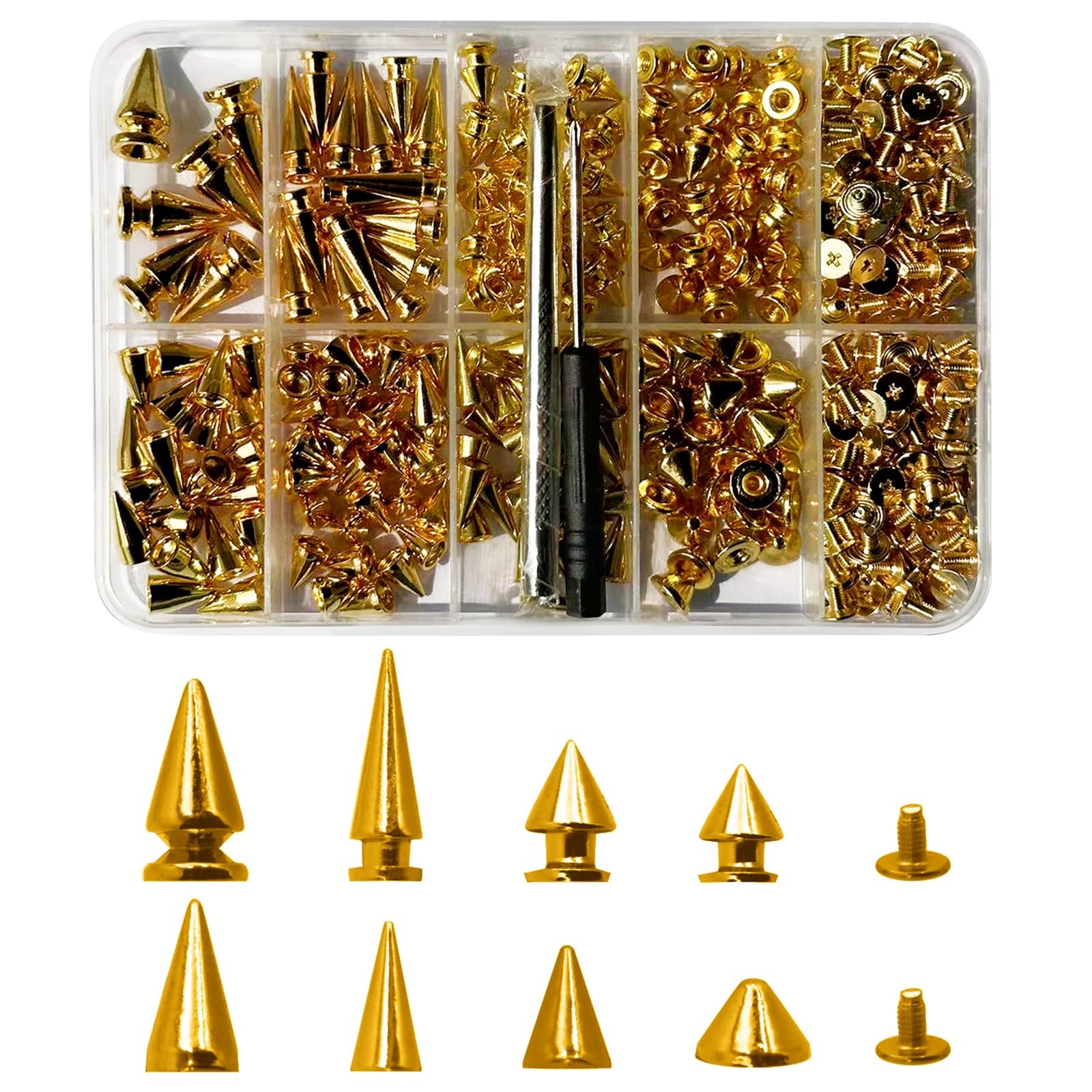 354 Pcs Punk Spikes Studs Kit 8 Sizes Metal Cone Rivets Clothing Gold
