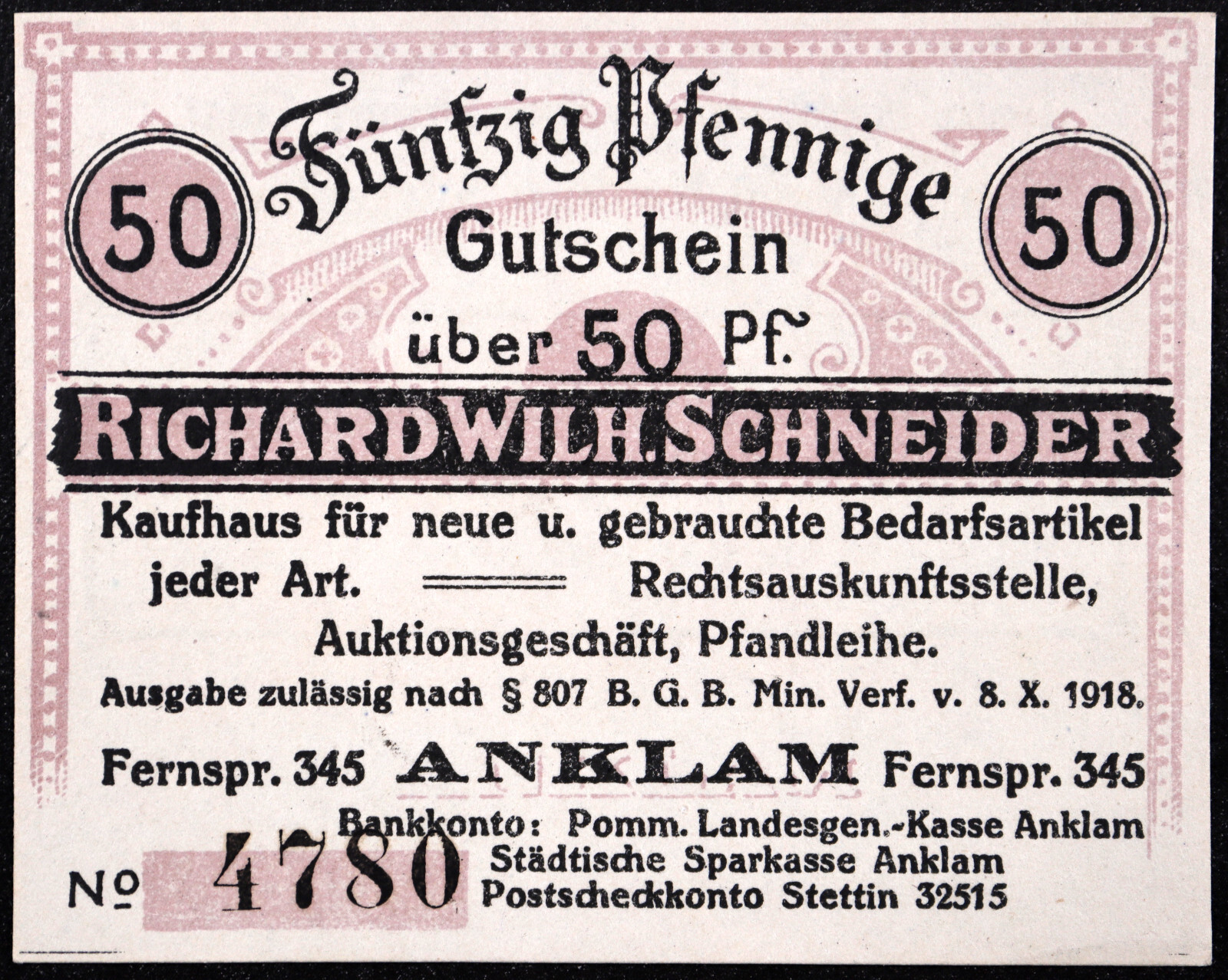 ANKLAM 1920 "Richard Wilh. Schneider Kaufhaus" Rare 50 Pfennig German Notgeld