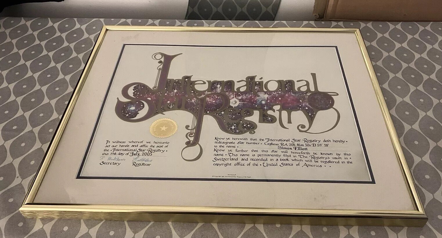 2005 International Star Registry Framed Certificate CEPHEUS RA SIGNED