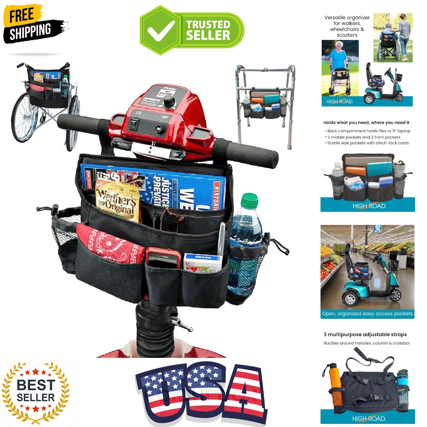 Mobility Scooter Bag, Walker Caddy and Wheelchair Storage Bag - 8-Pocket Mobi...