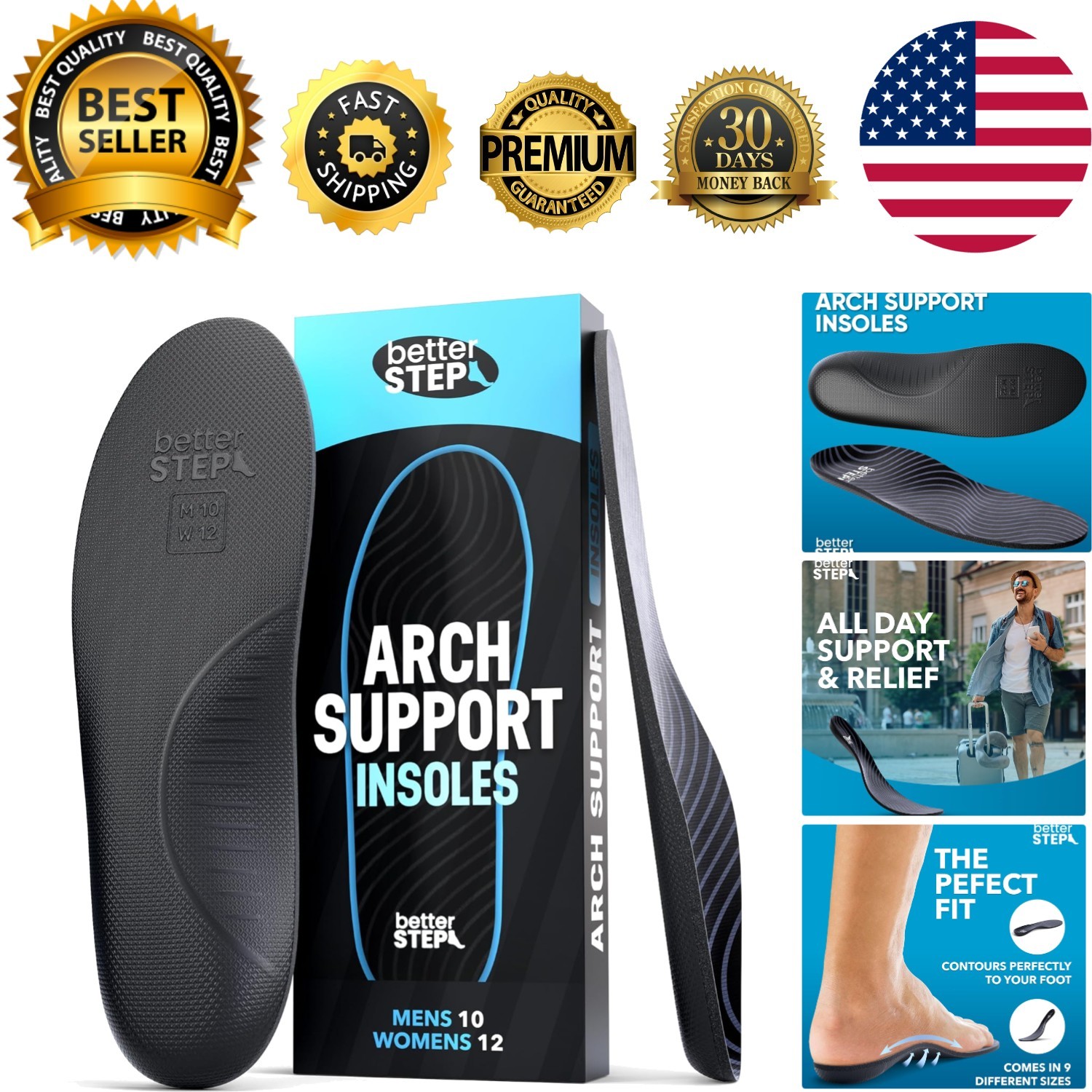 Memory Foam Arch Support Insoles | Relieve Plantar Fasciitis Pain, Size 10-12.5