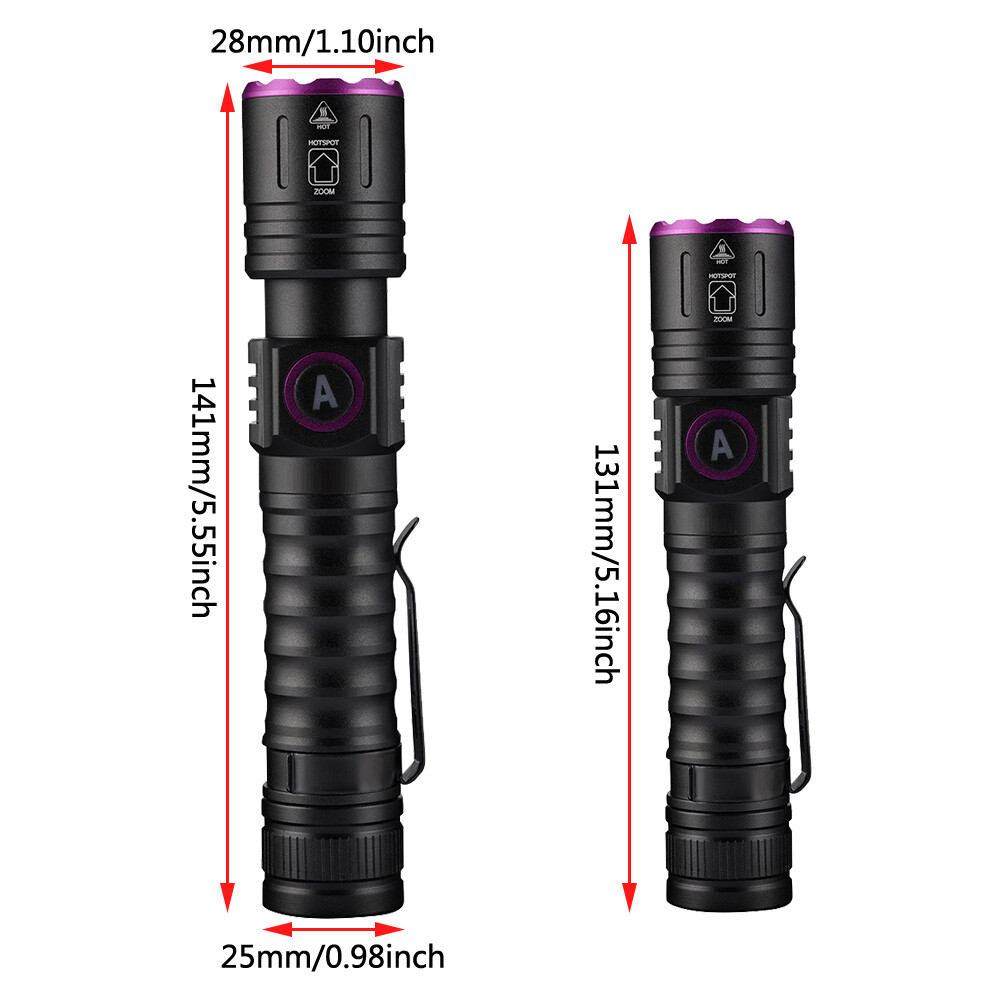 USB Rechargeable UV Light LED Flashlight 365nm Blacklight Inspect Torch Zoomable