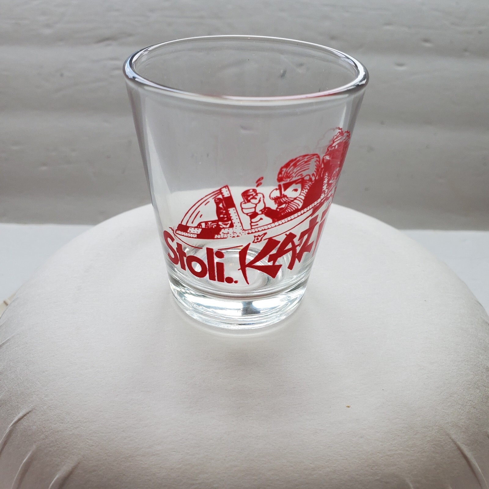 Stoli Kazi Shot Glass Clear Red Lettering EUC
