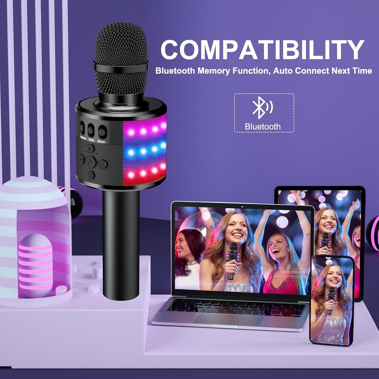 Ultimate Bluetooth Karaoke Microphone for Parties - LED Light Show, Compact Size