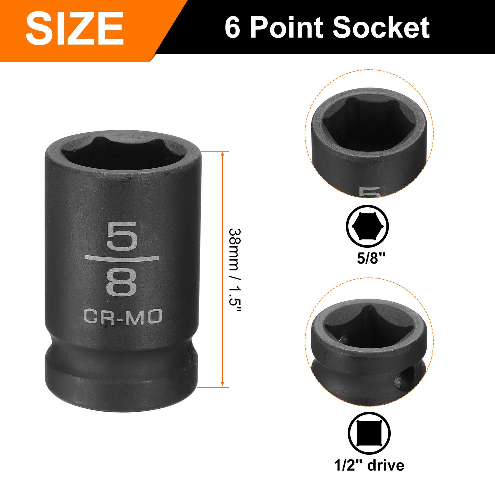 2pcs 6 Point Impact Socket 5/8" Socket 1/2" Square Drive 1.5" Long 40CRMO,