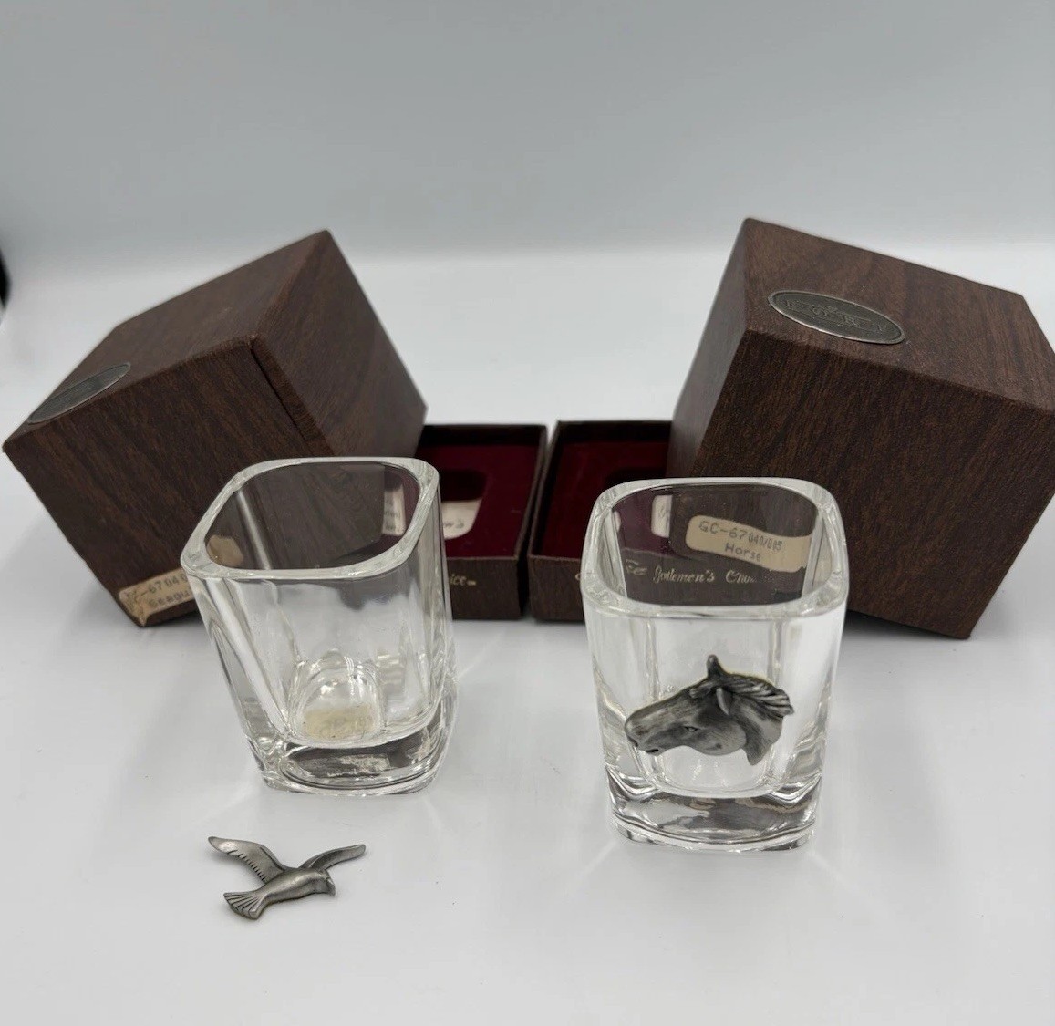 Shot glass Set 2 Pewter Horse & Gull (gull Not Attached) The Fort New In Box
