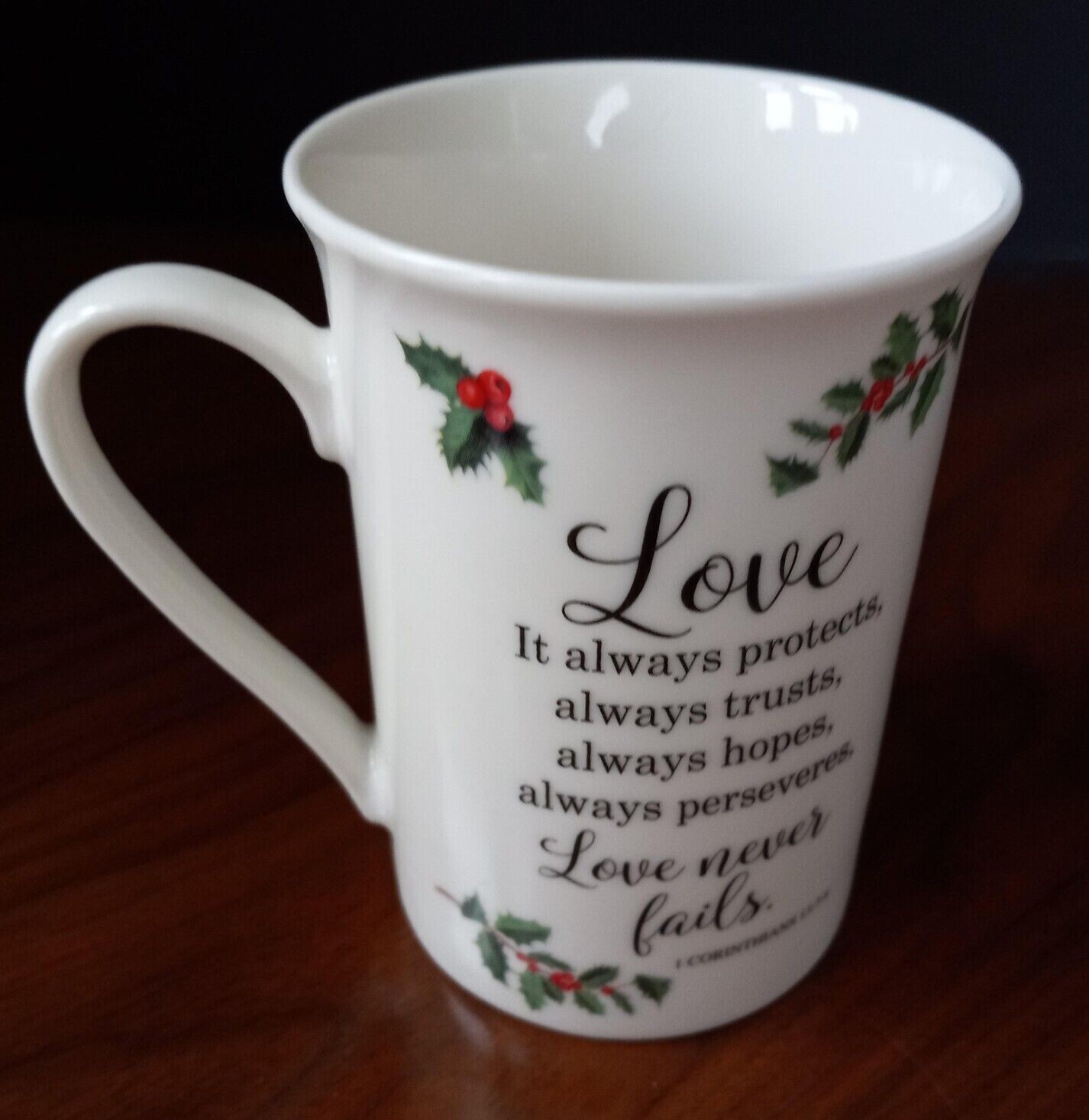 Global Design Mug Love Never Fails Religious Corinthians 10oz Porcelain NWOT