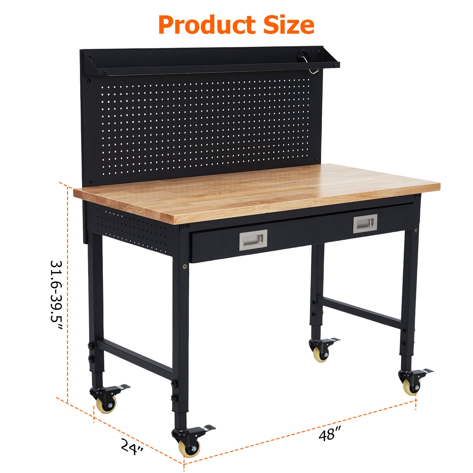 Workbench with Storage Drawer,Pegboard,Wheels Work Table for Garage,Workshop,60"