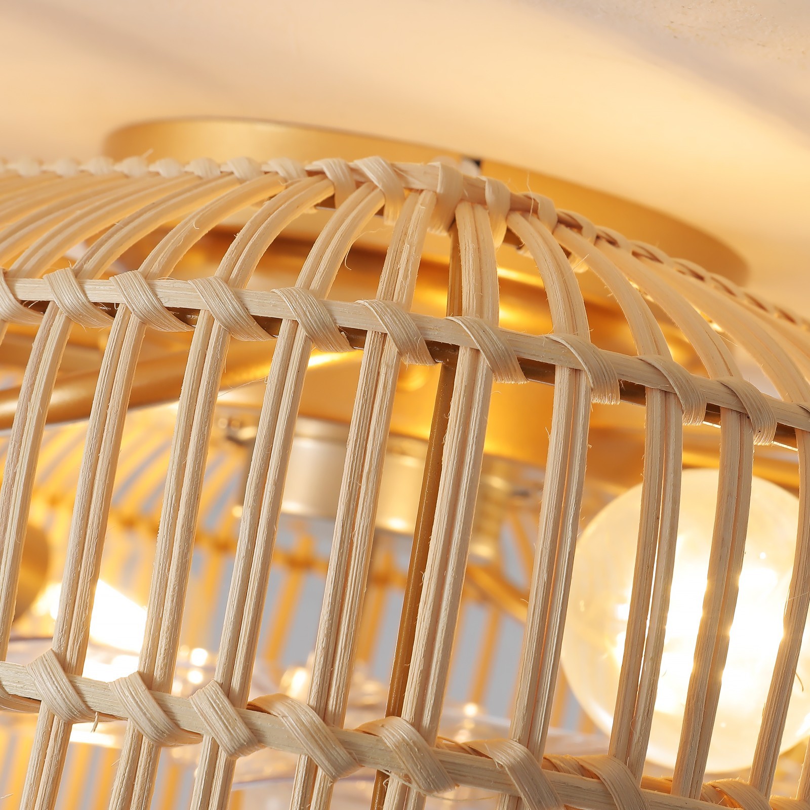 20" Boho Ceiling Fan with Light, Rattan Caged Flush Mount Ceiling Fan