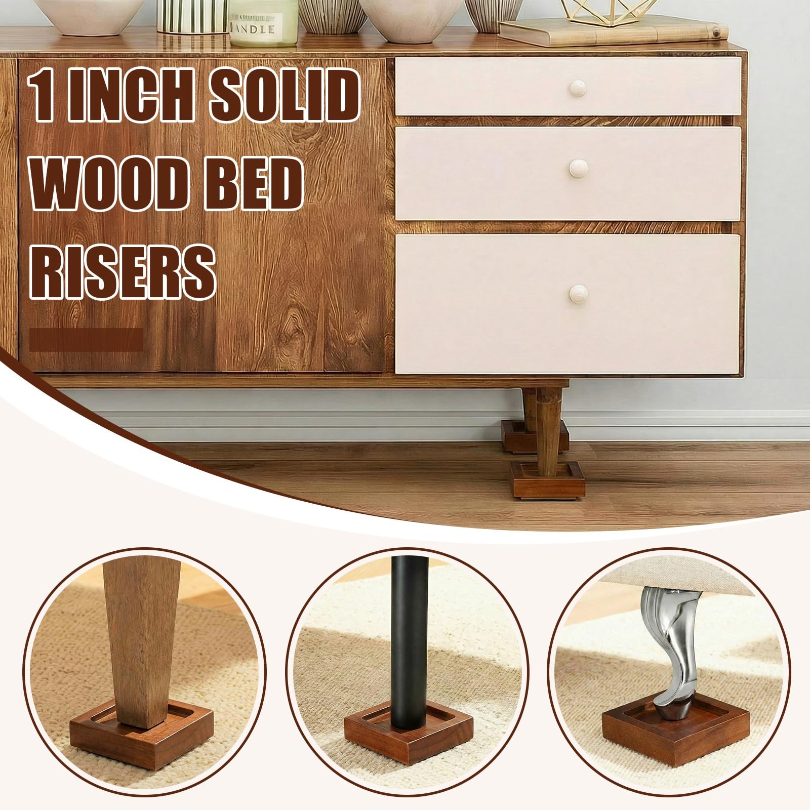 8 Pack Bed Risers Solid Wood Lifts Height Adjustable 1-4 Inch Walnu