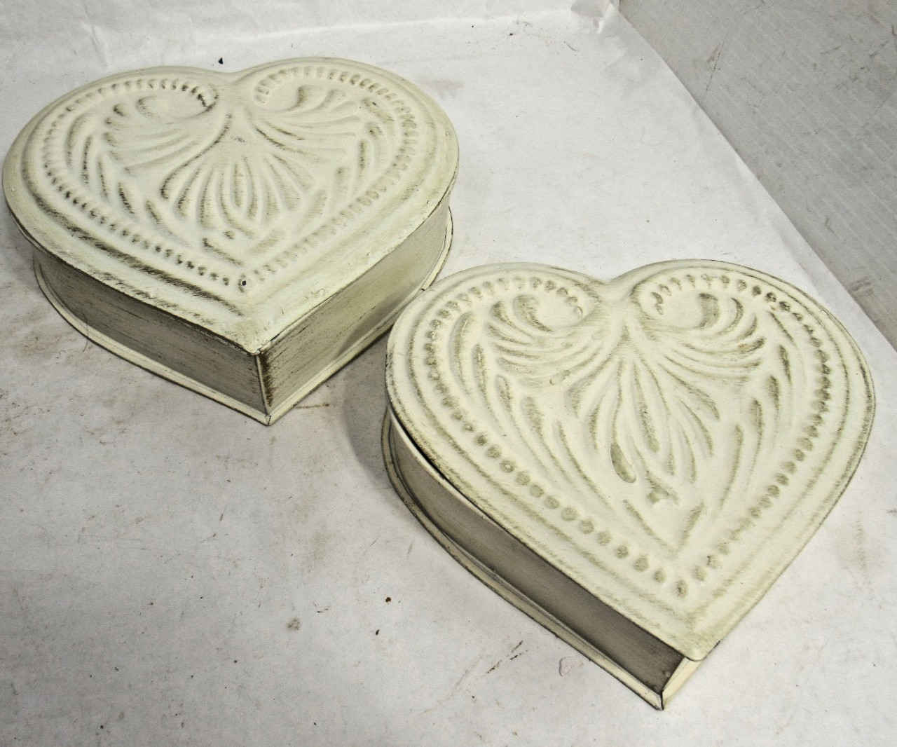 Set of Two Metal Cream Colored Heart Trinket Boxes