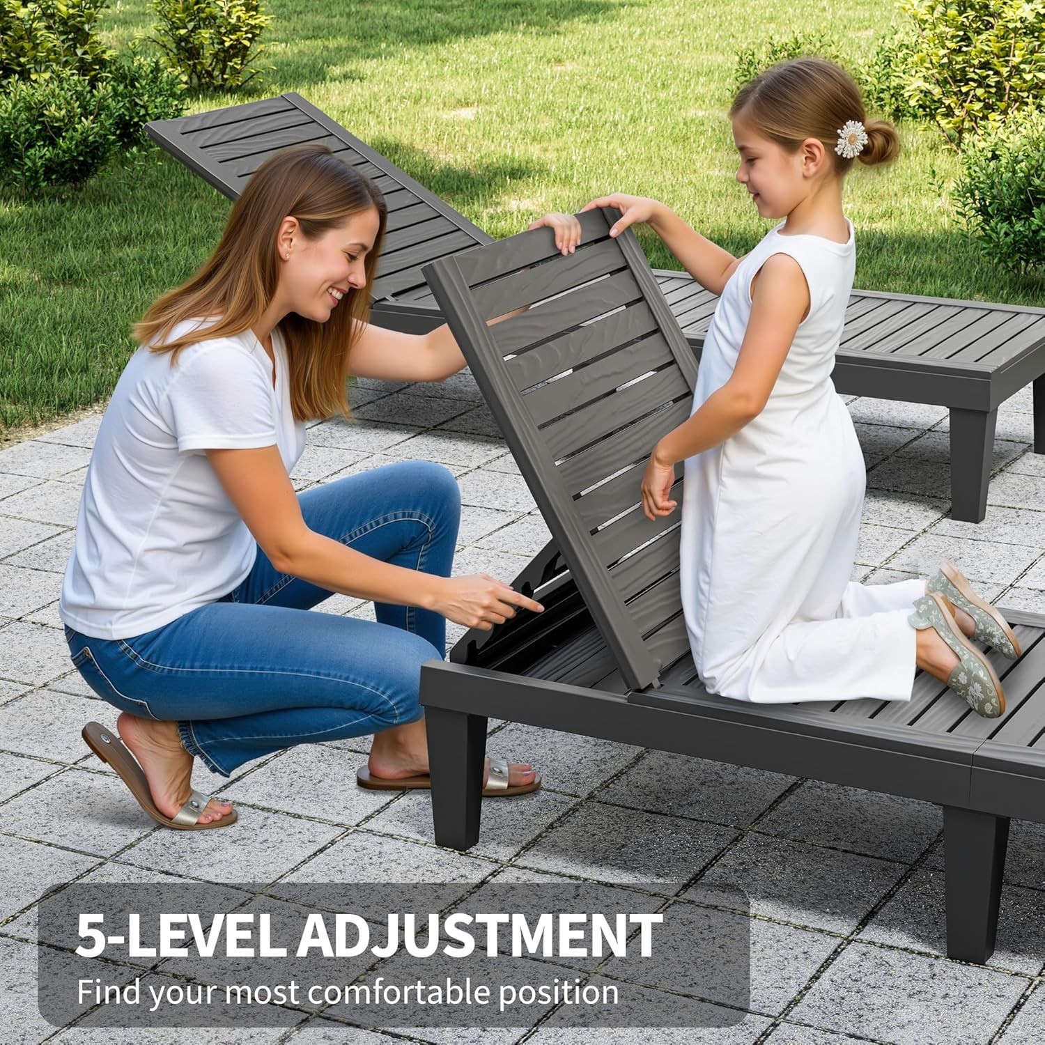 Set of 4 Outdoor Adjustable Chaise Lounge Chairs Wood Texture All-Weather Res...