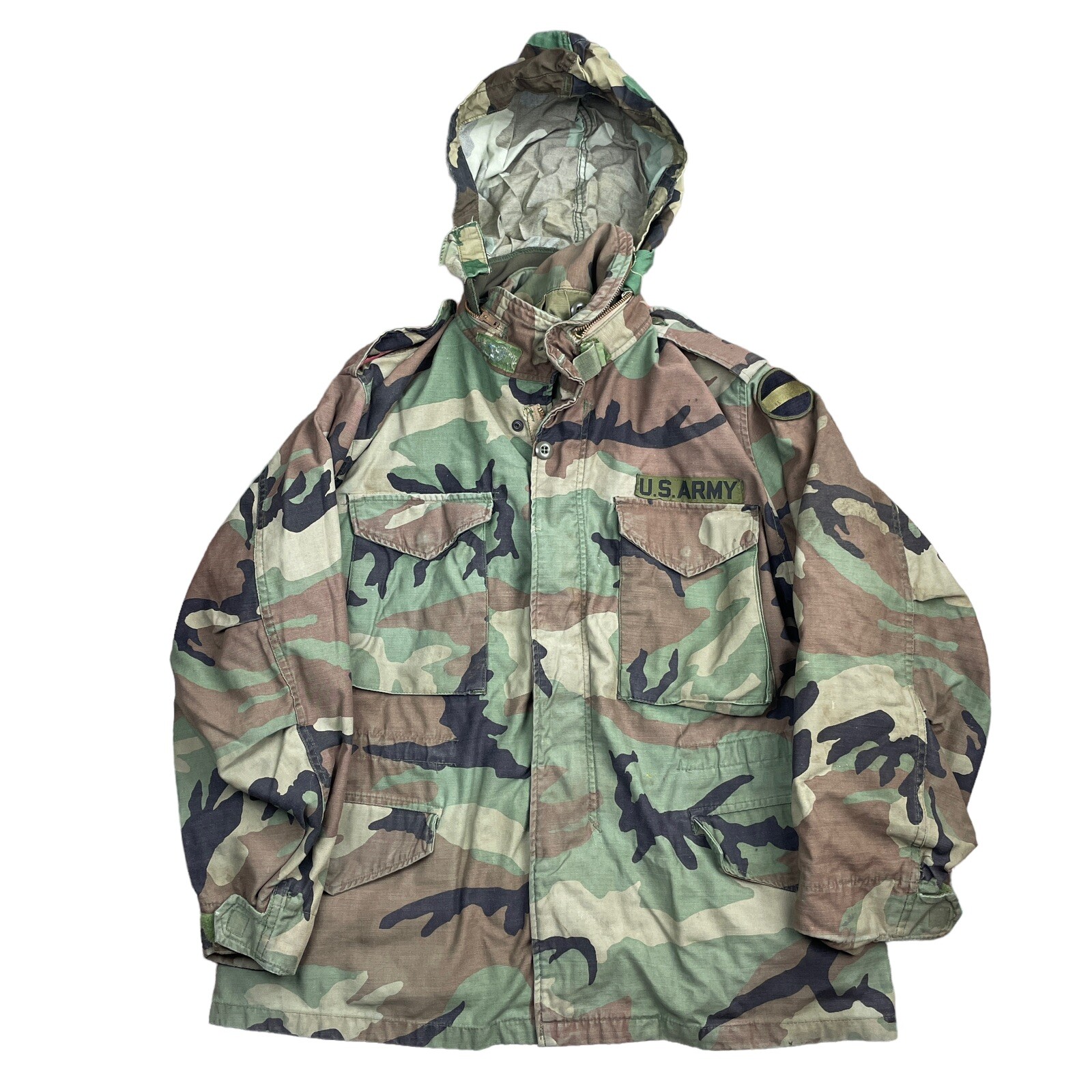 Vintage 80s Army Cold Weather Field Coat Woodland Camouflage Camo Medium Short