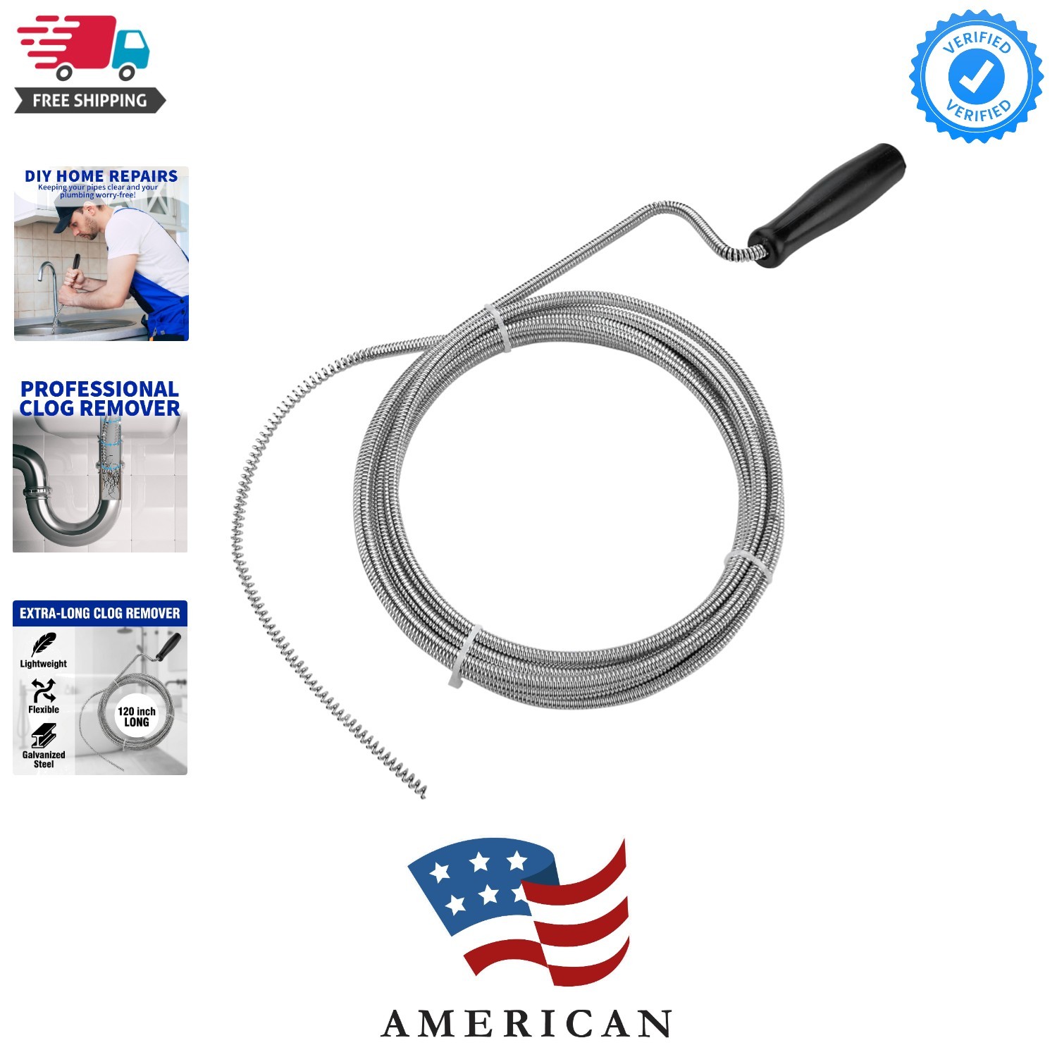 Metal Plumbers Snake for Drains, Sink, Pipe | 10 ft Small Thin Drain Snake To...
