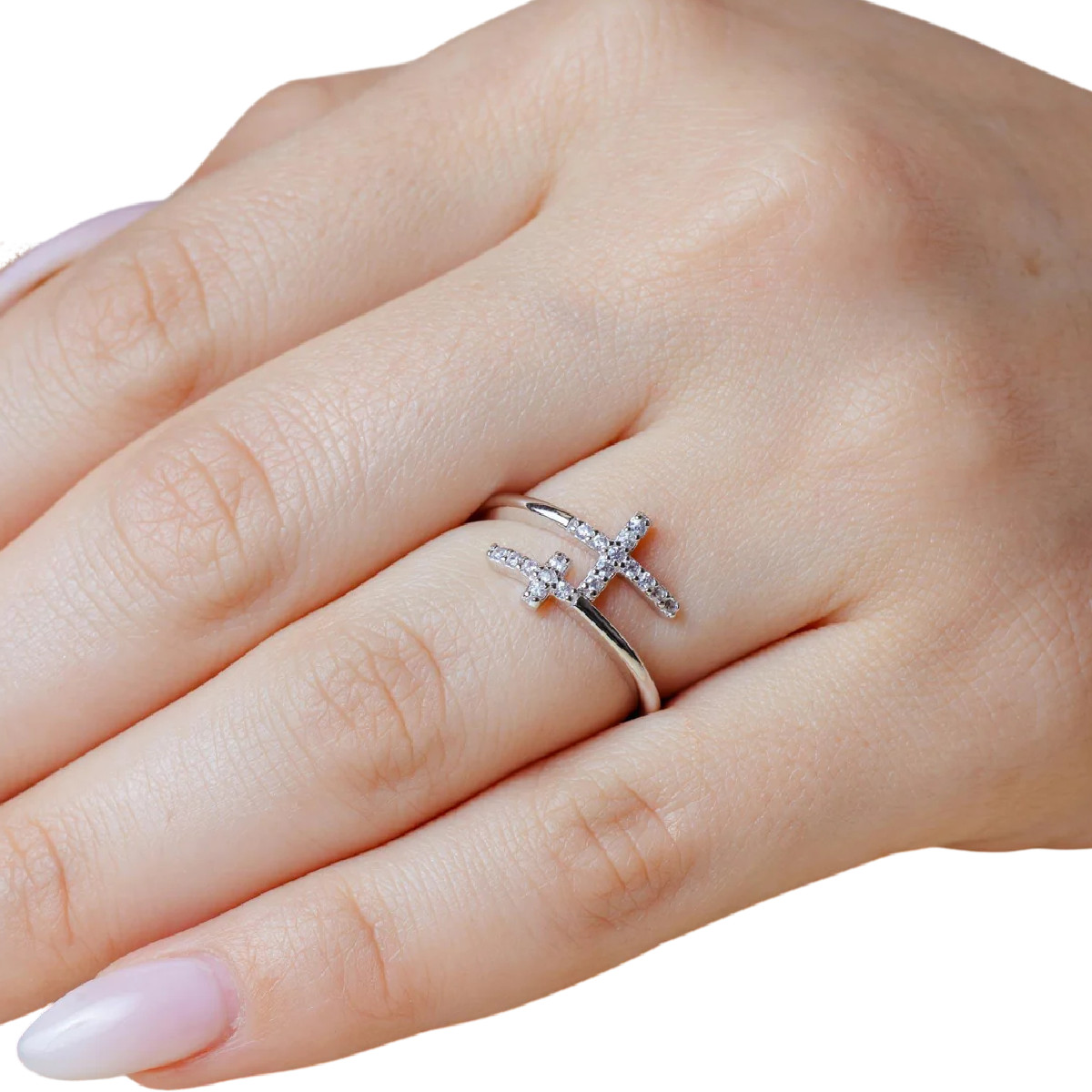 Sterling Silver Ladies Double Cross CZ Stones Ring