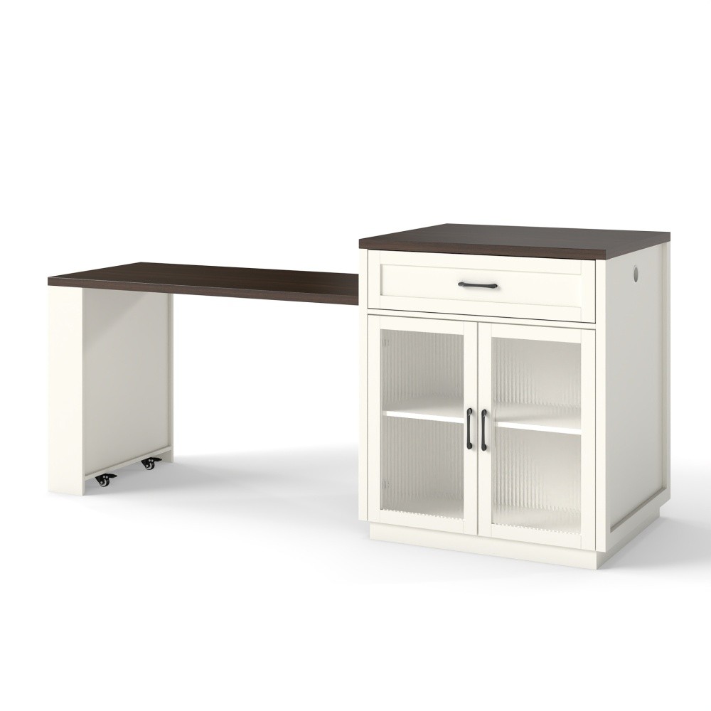 Extendable Kitchen Island Table with Power Outlet Storage Glass Doors Walnut