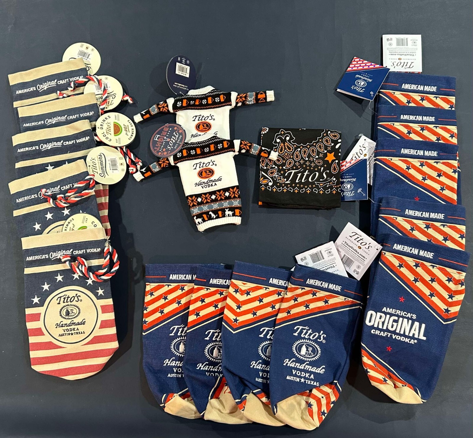 NWT NEW LOT Tito's Vodka Collectibles Bags Bandana Bottle Sweaters Advertising