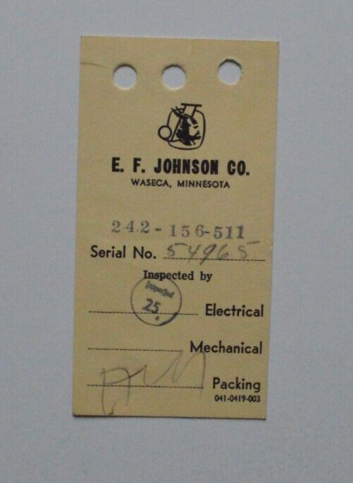 E.F. JOHNSON Co. Waseca, Minnesota Inspection card 1940s