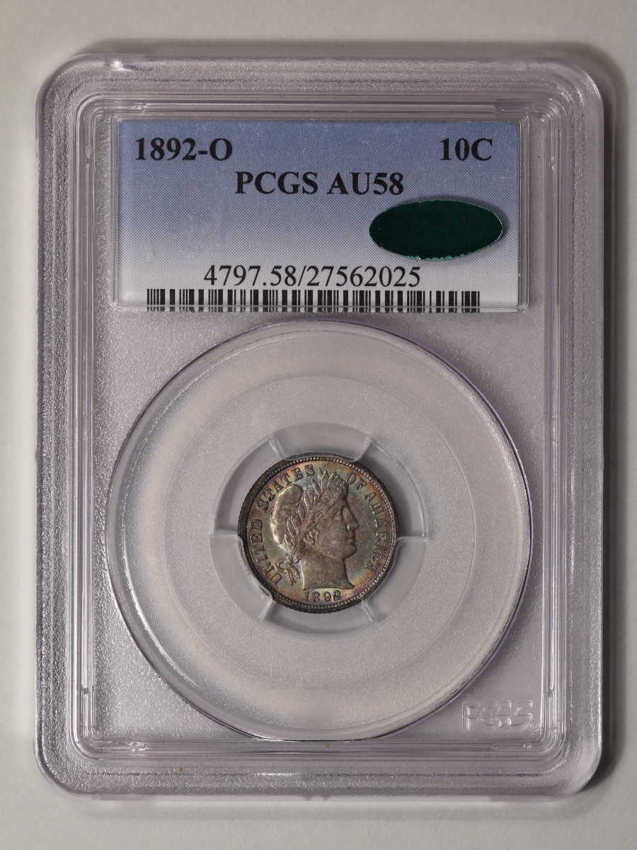 1892-O 10C Barber Dime PCGS AU58 (CAC)