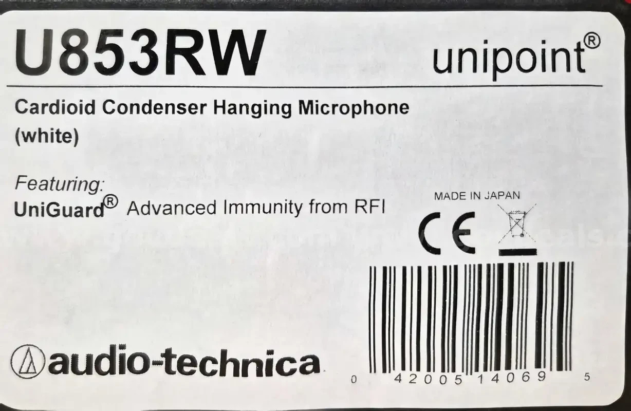 Audio-Technica U853RW UniPoint Condenser Hanging Microphone White Cardioid NEW