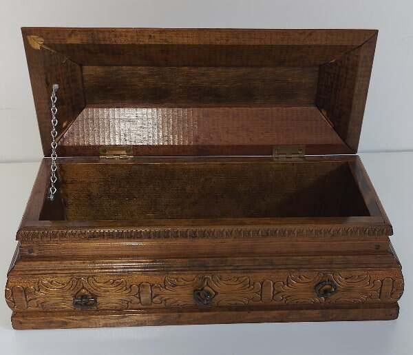 Antique Hand Carved Wooden Chest With Hinged LId Large 16" Solid Heavy