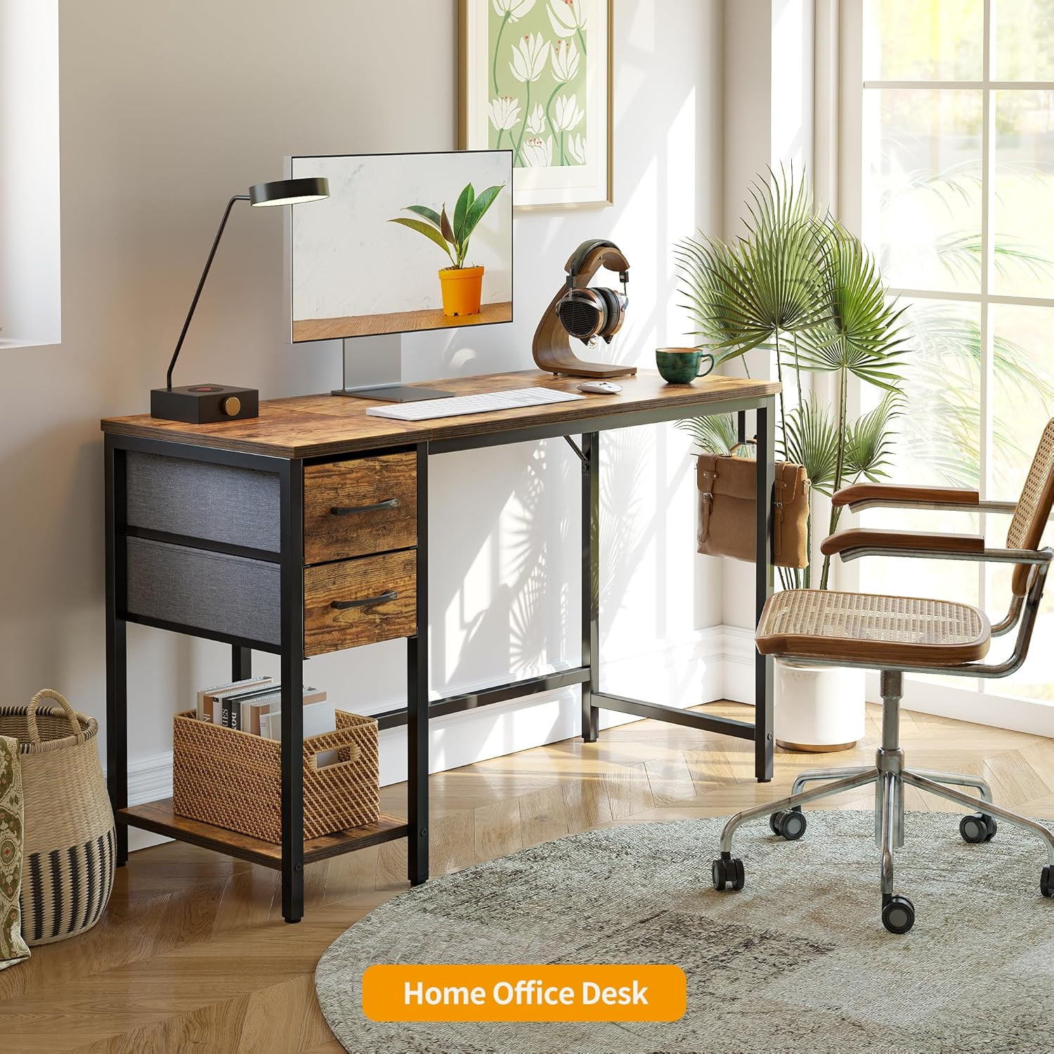 Computer Desk with 2 Drawers, 47 Inch Small Home Office Desk with Storage Study