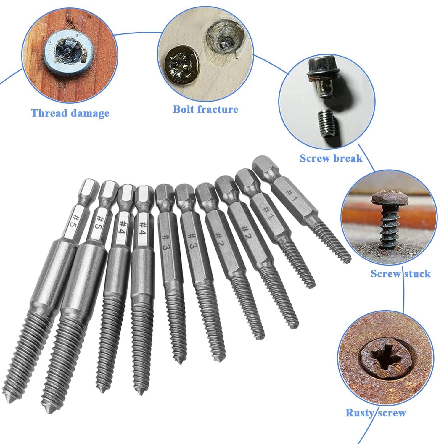Wolfride 10Pcs Broken Screw Extractor Set, Stripped Screw Remover Drill Bit K...