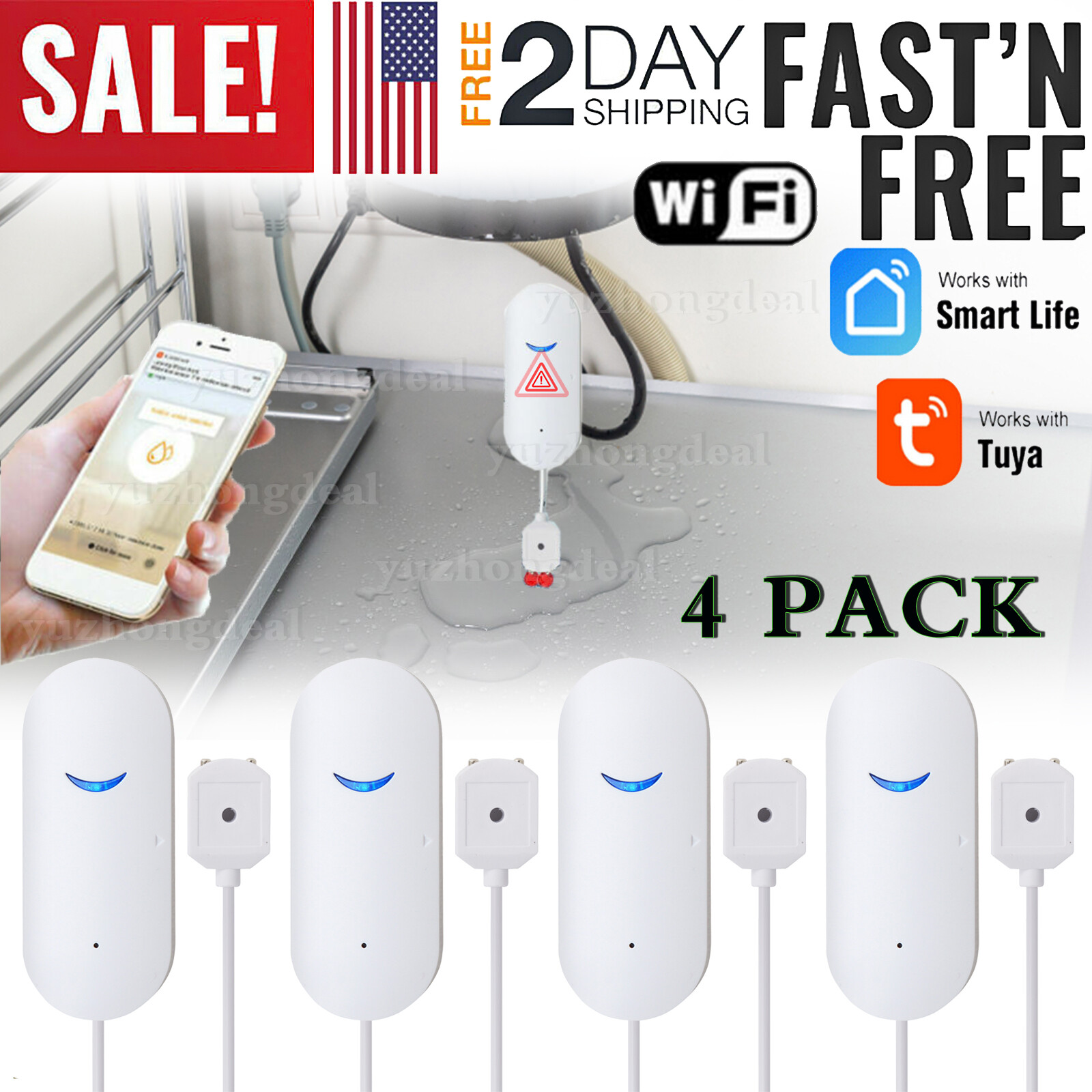 4Pcs Smart Water Leak Sensor Detector APP Alarm WiFi Home Water Leak Detector