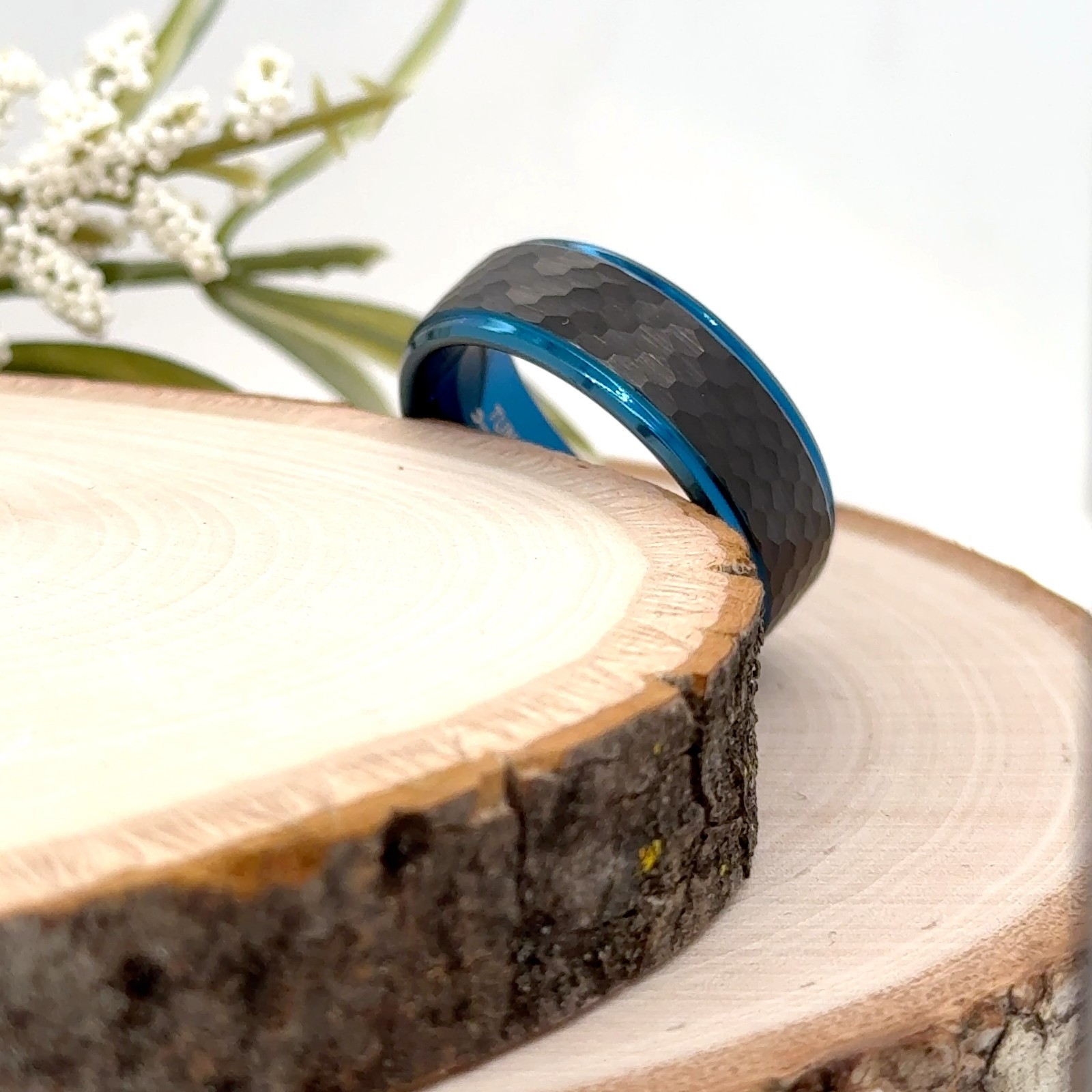 8mm Unisex Tungsten Carbide Ring Blue Enamel & Hammered Finish Classic Band