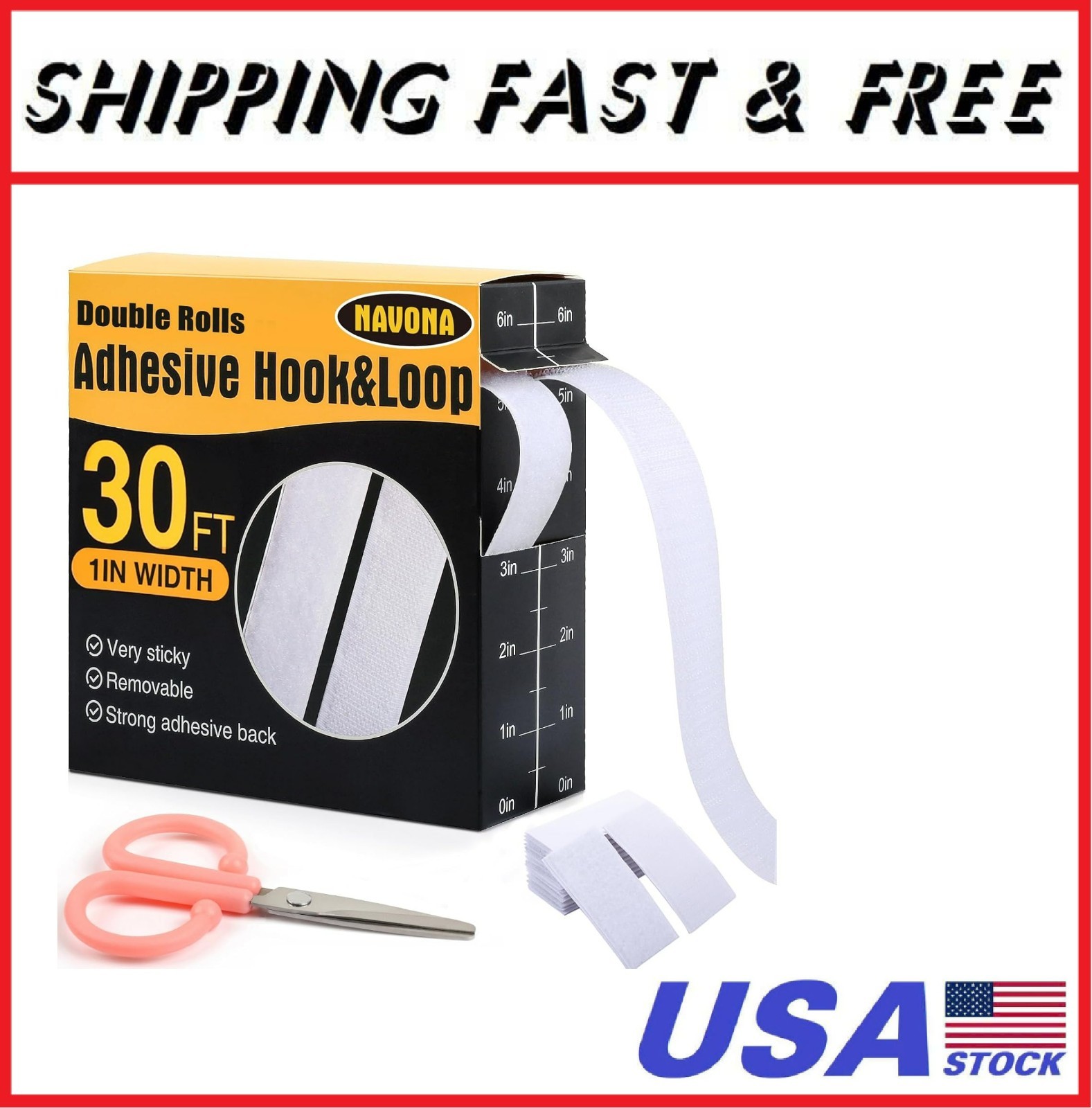 30Ft x 1 Inch Heavy Duty Hook and Loop Strips with Adhesive - Double Rolls, Self