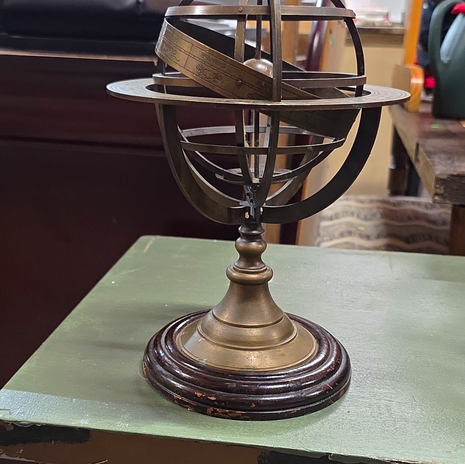 Decorative Tabletop Armillary Sphere Globe, Metal & Wood Base, Bronze Brown