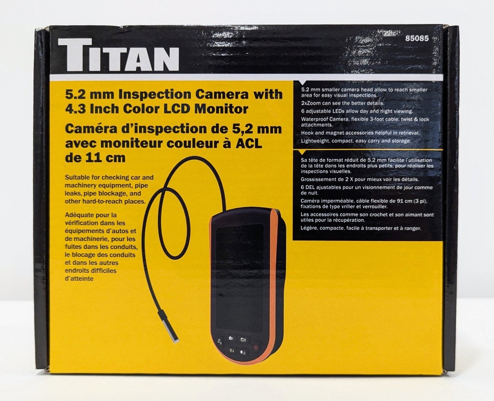 Titan 85085 5.2mm Endoscope Borescope Inspection Camera w/ 4.3" Color Monitor