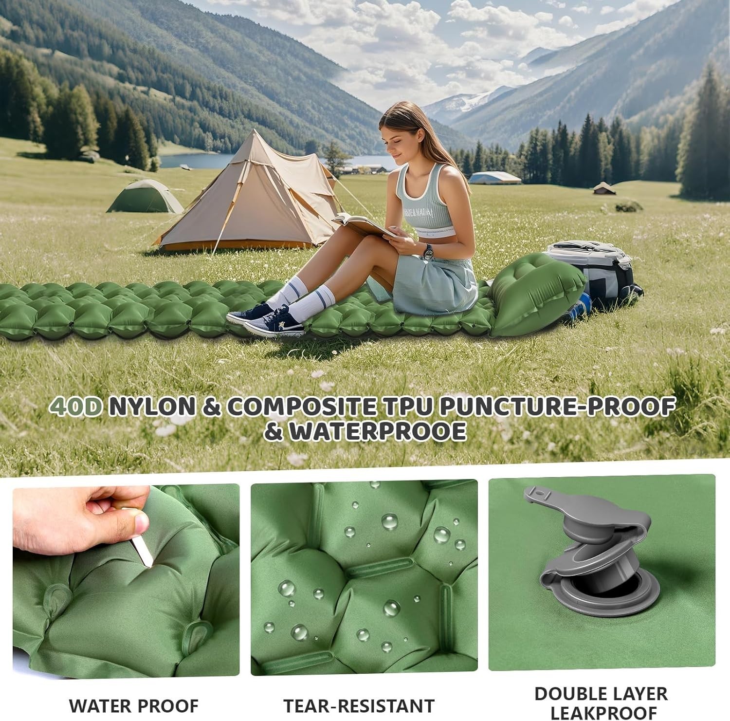 Ultralight Inflatable Sleeping Pad with Built-in Pillow & Foot Pump - 75" x 27"