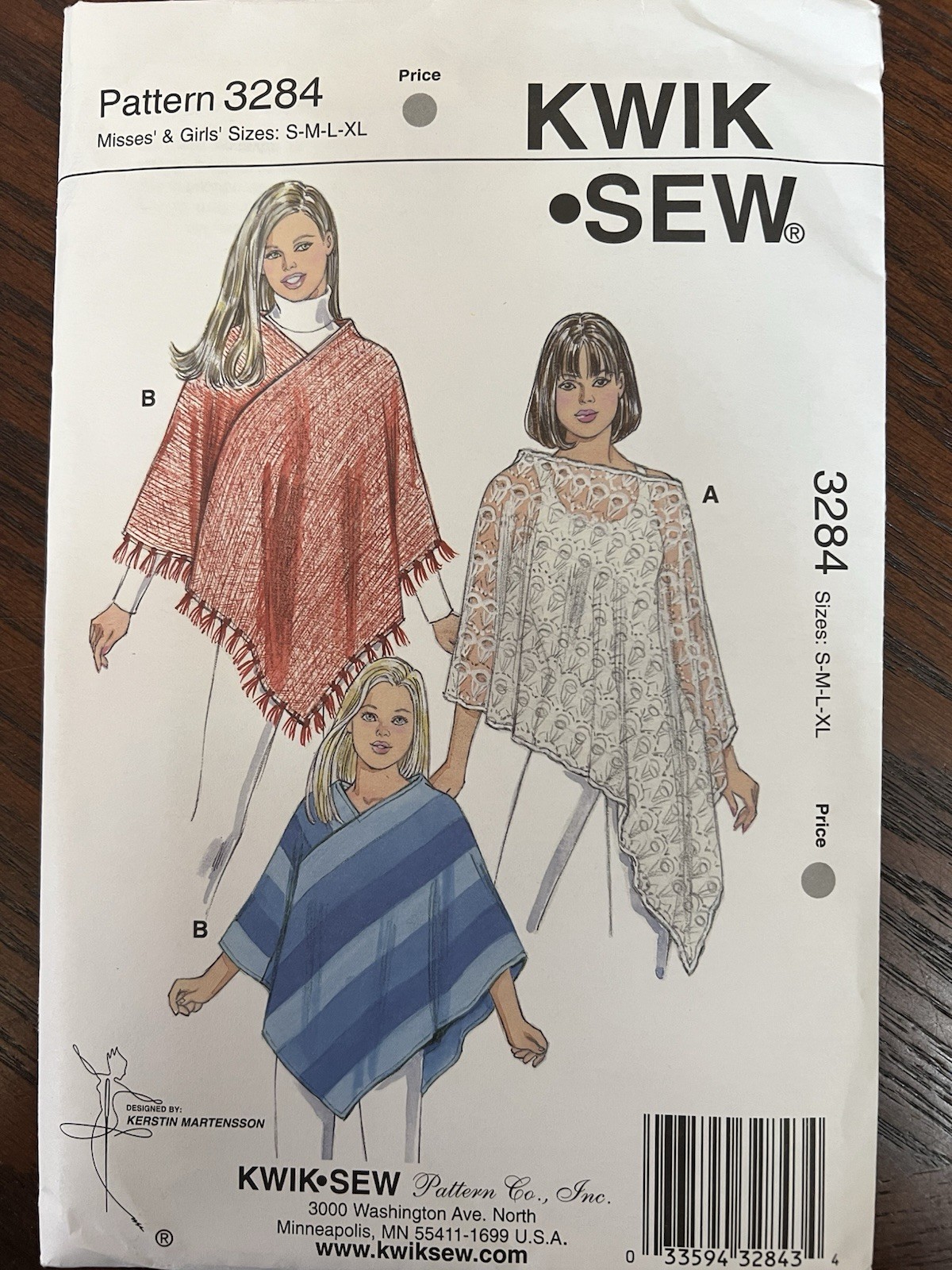 Kwik Sew #3284 Sewing Patterns. Ponchos. Misses And Girls Size S-XL.