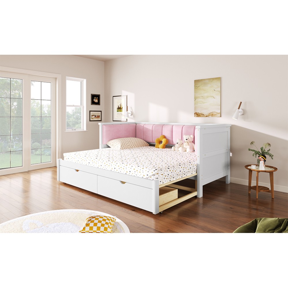 Pink & White Velvet Daybed Twin XL to King w/ Storage & Backrest