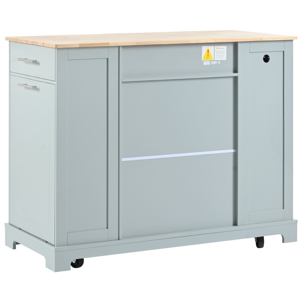 K&K Fluted Kitchen Island with Trash Can Storage Cabinet, Power Outlet