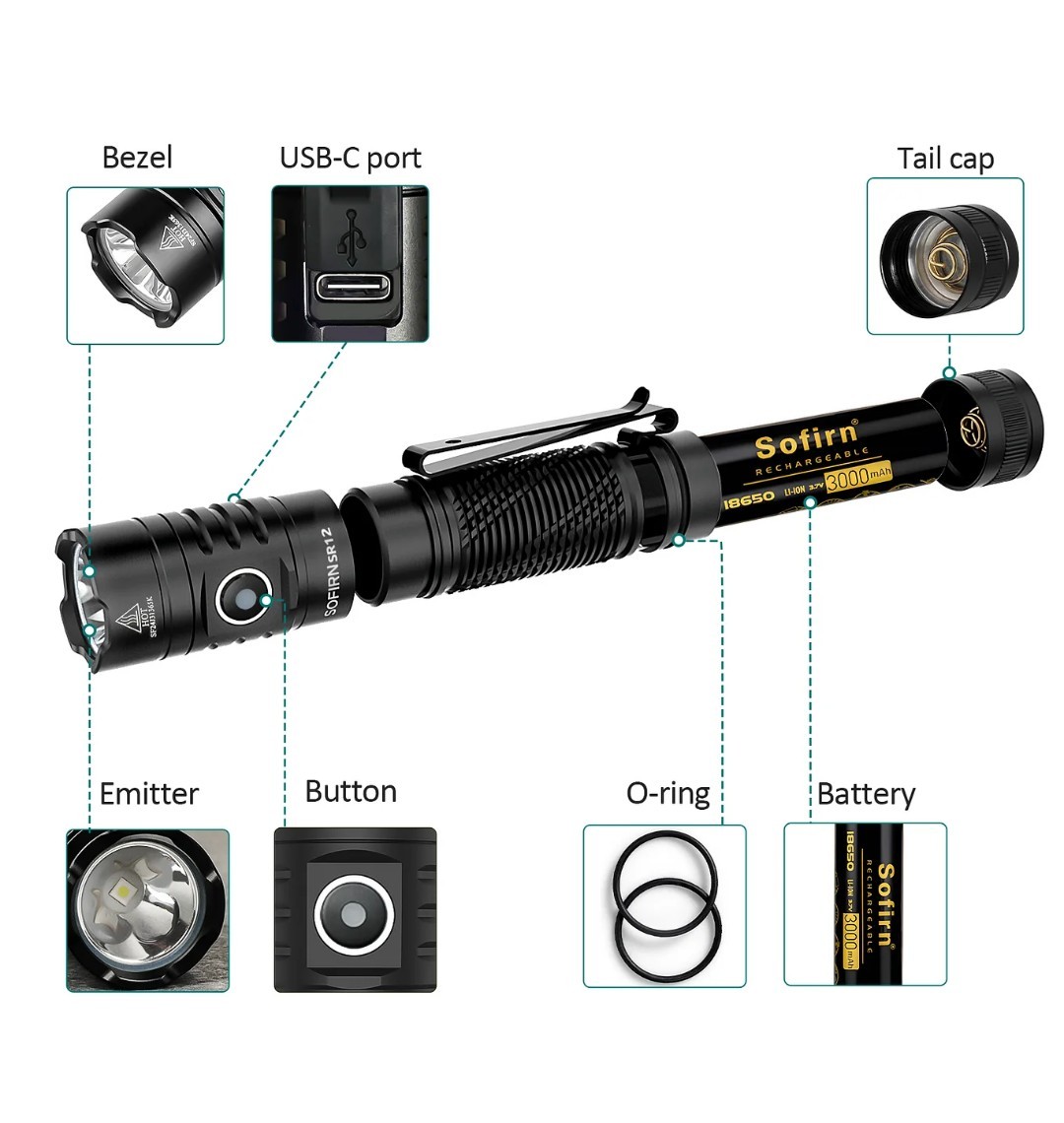 Sofirn SR12 Rechargeable EDC Flashlight 1450LM, SFT25R LED 6000K, USB-C, NEW