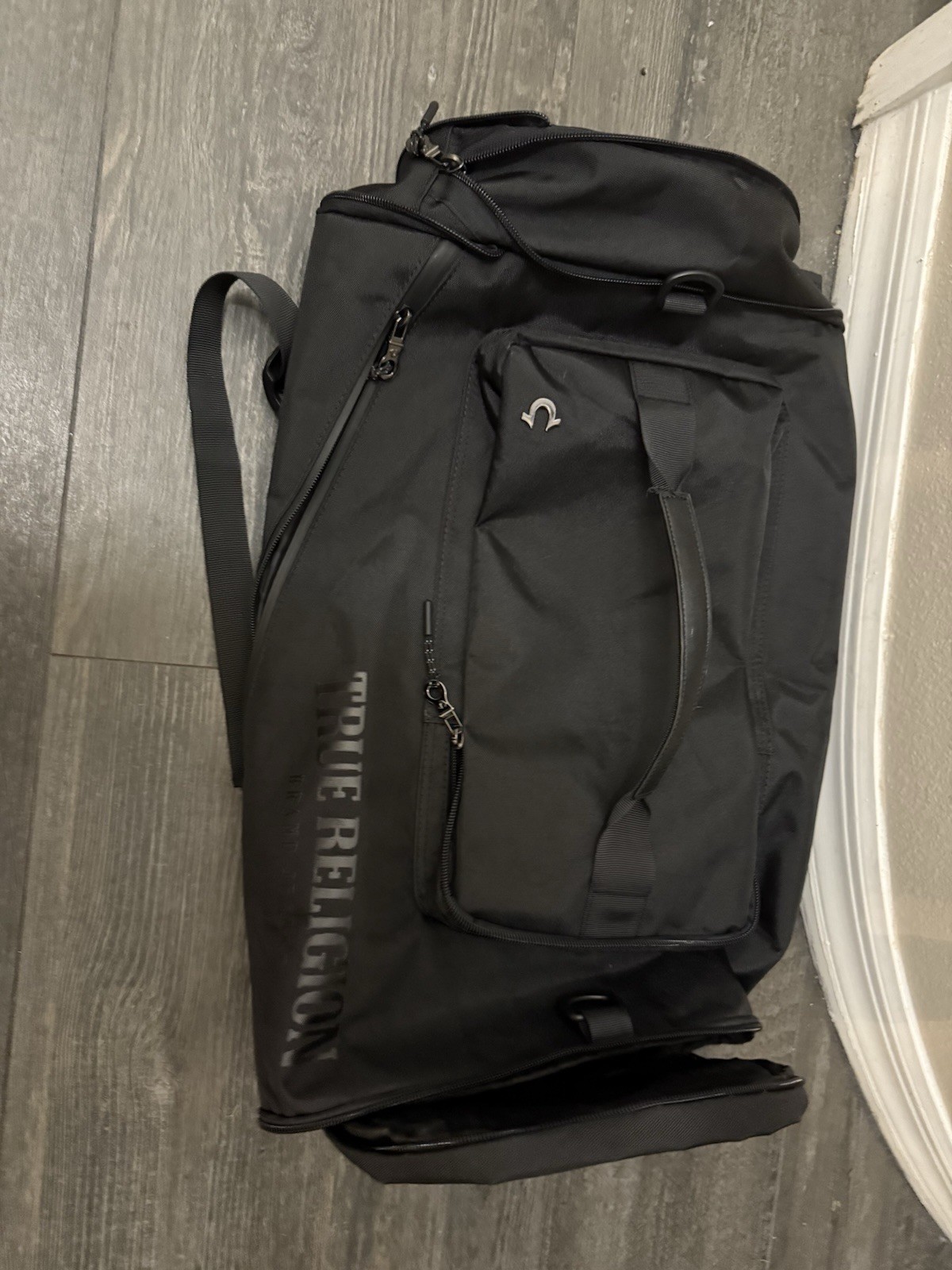 True Religion Black Backpack – Large Logo Travel/Weekender Bag