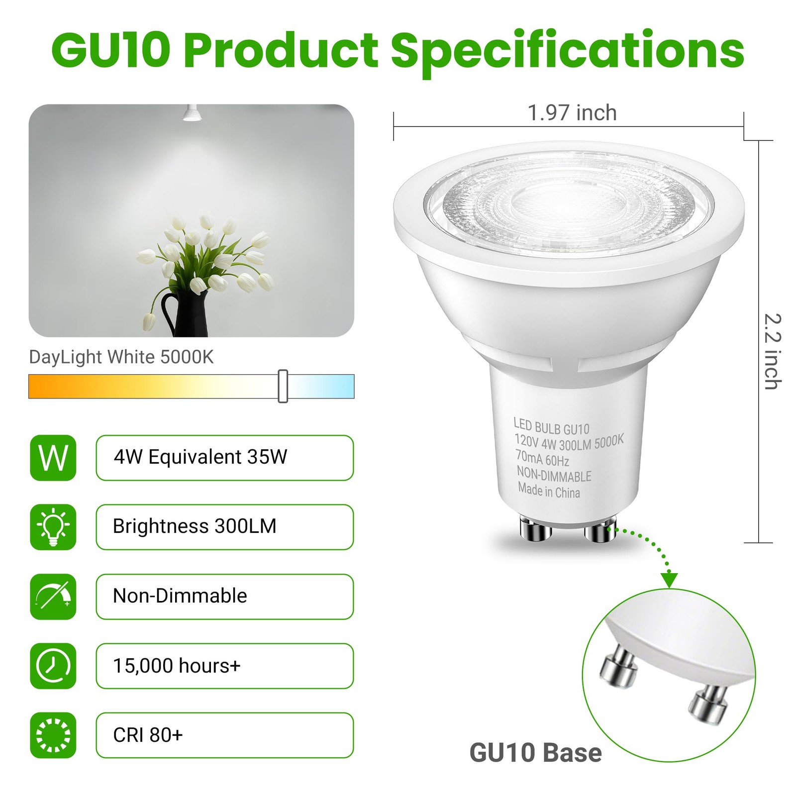 GU10 LED Light Bulbs NonDimmable, 4W, 5000K Daylight White, 300LM, Equivalent...
