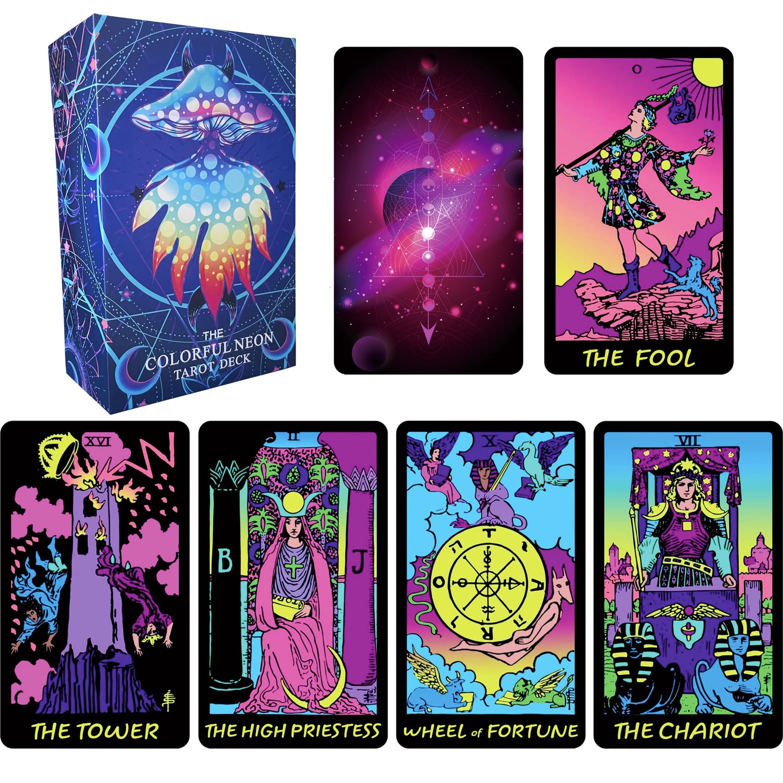 Jrskvaro Colorful Neon Tarot Cards Deck With Guidebook for Standard,