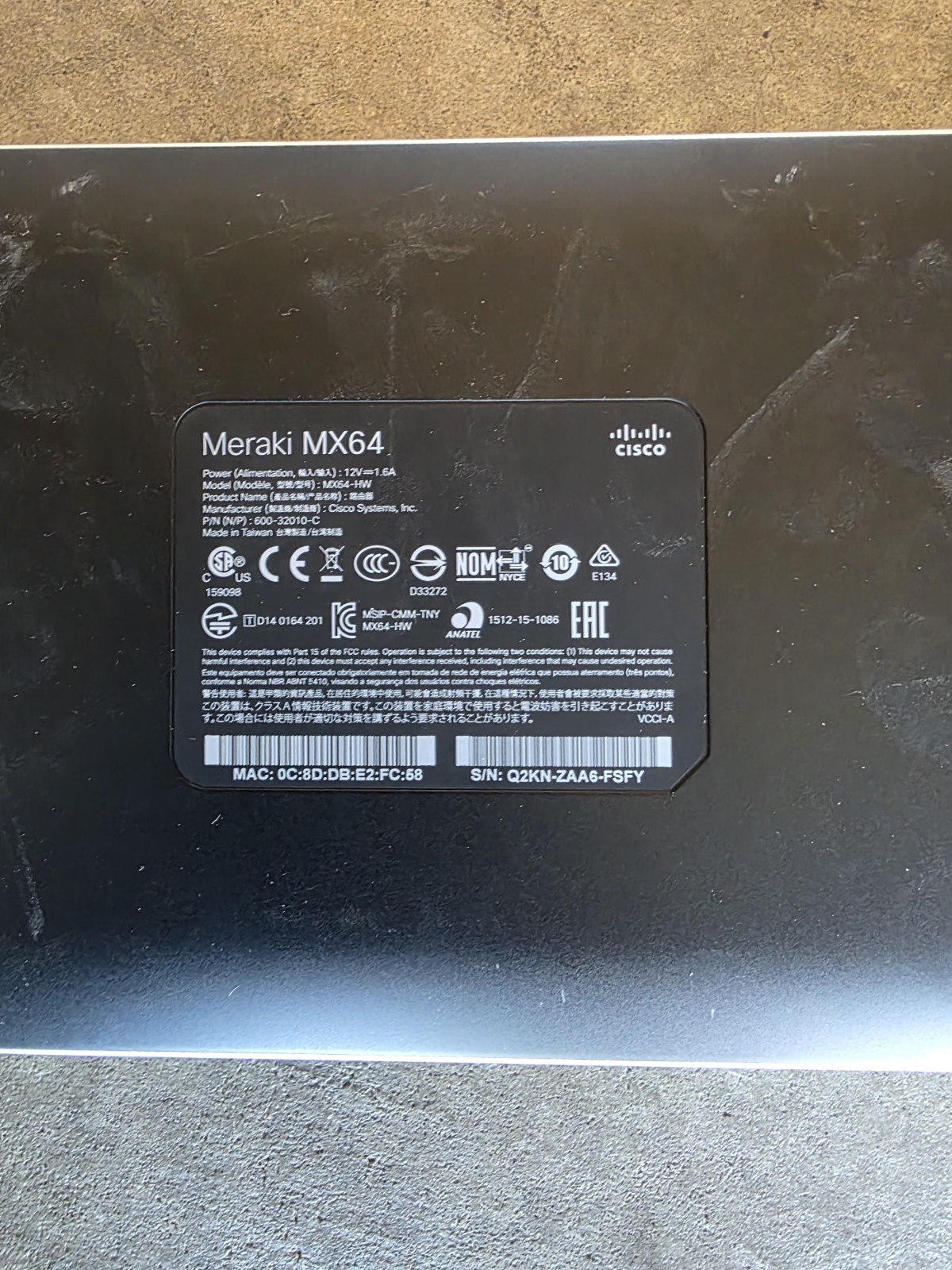 Meraki MX64-HW Cisco Cloud Security Appliance Has AC Adapter