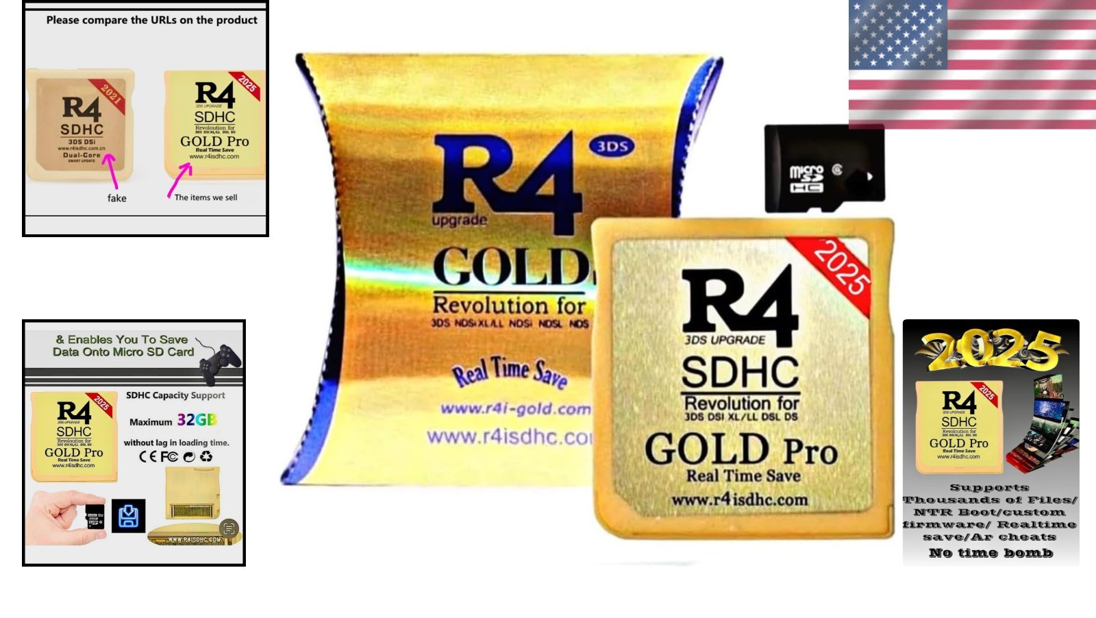 R4 SDHC Gold Pro Adapter with 32 GB Micro SD with~-