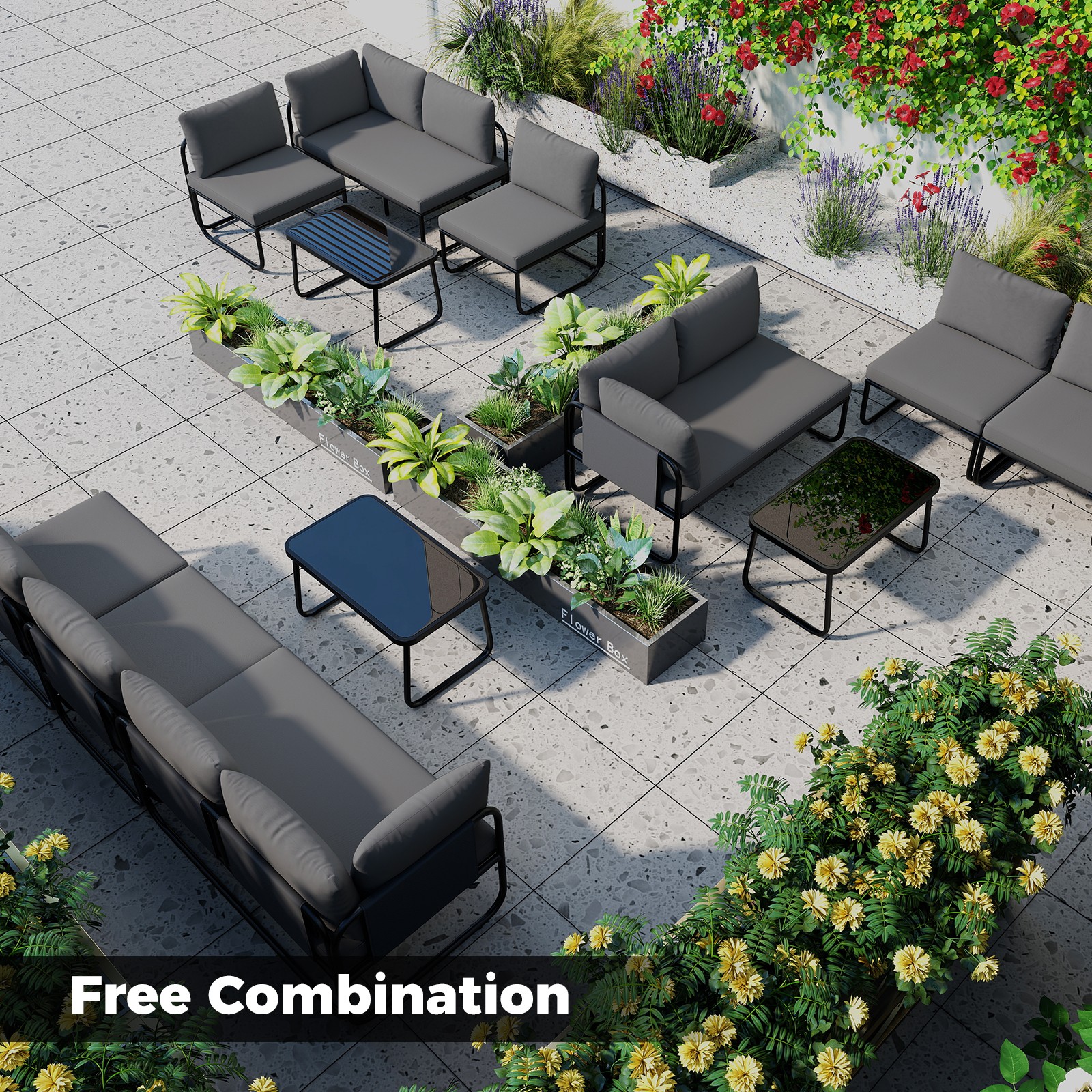 4 PCS Patio Furniture Set w/Cushions & Tempered Glass Coffee Table for Garden